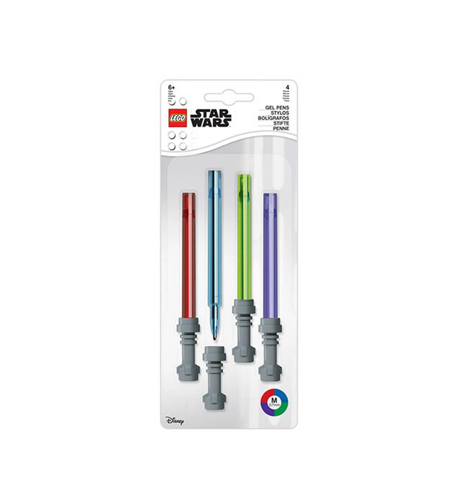 LEGO Star Wars: fénykardos 4 darabos zselés toll készlet 52875 – LEGO Star Wars témájú 4 darabos zselés toll szett eredeti csomagolásban, piros, kék, zöld és lila fénykard formájú tollakkal, gyűjtőknek és Star Wars rajongóknak.