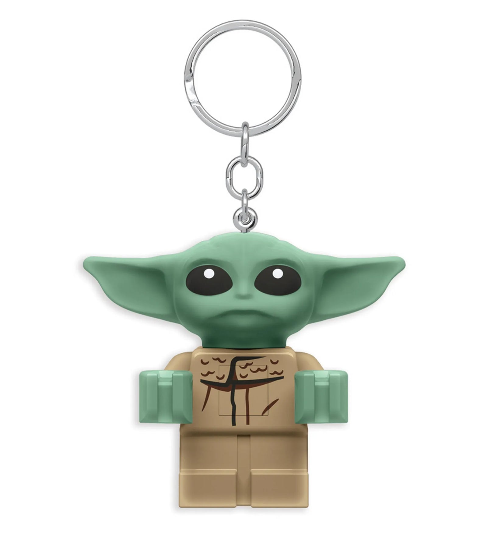 A LEGO Star Wars: A Mandalóri – Baby Yoda LED kulcstartó aranyos, zöld fejű és nagy fülű minifigura formában, fémszínű kulcskarikával.