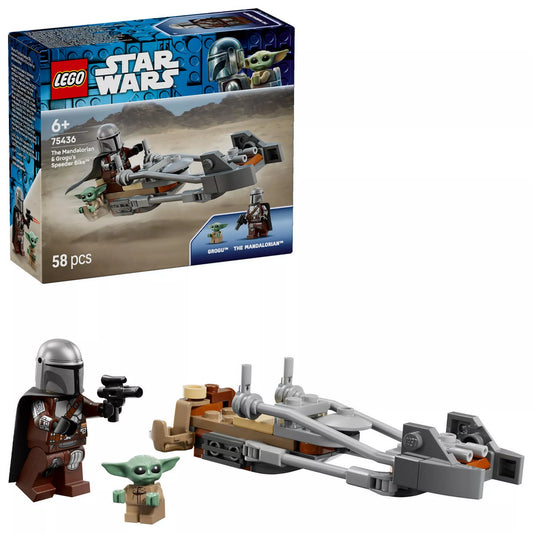 A LEGO Star Wars The Mandalorian & Grogu gyorsmotor (75436) doboza és a megépített speeder bike modell a minifigurákkal, fehér háttéren bemutatva.