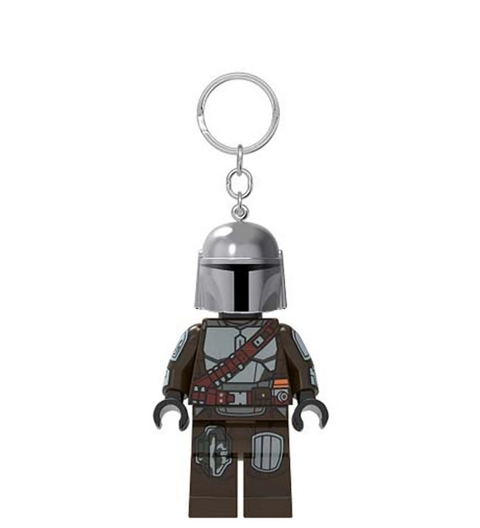LEGO Mandalori LED-es kulcstartó részletes páncélzattal és ikonikus sisakkal, fém kulcskarikára rögzítve.
