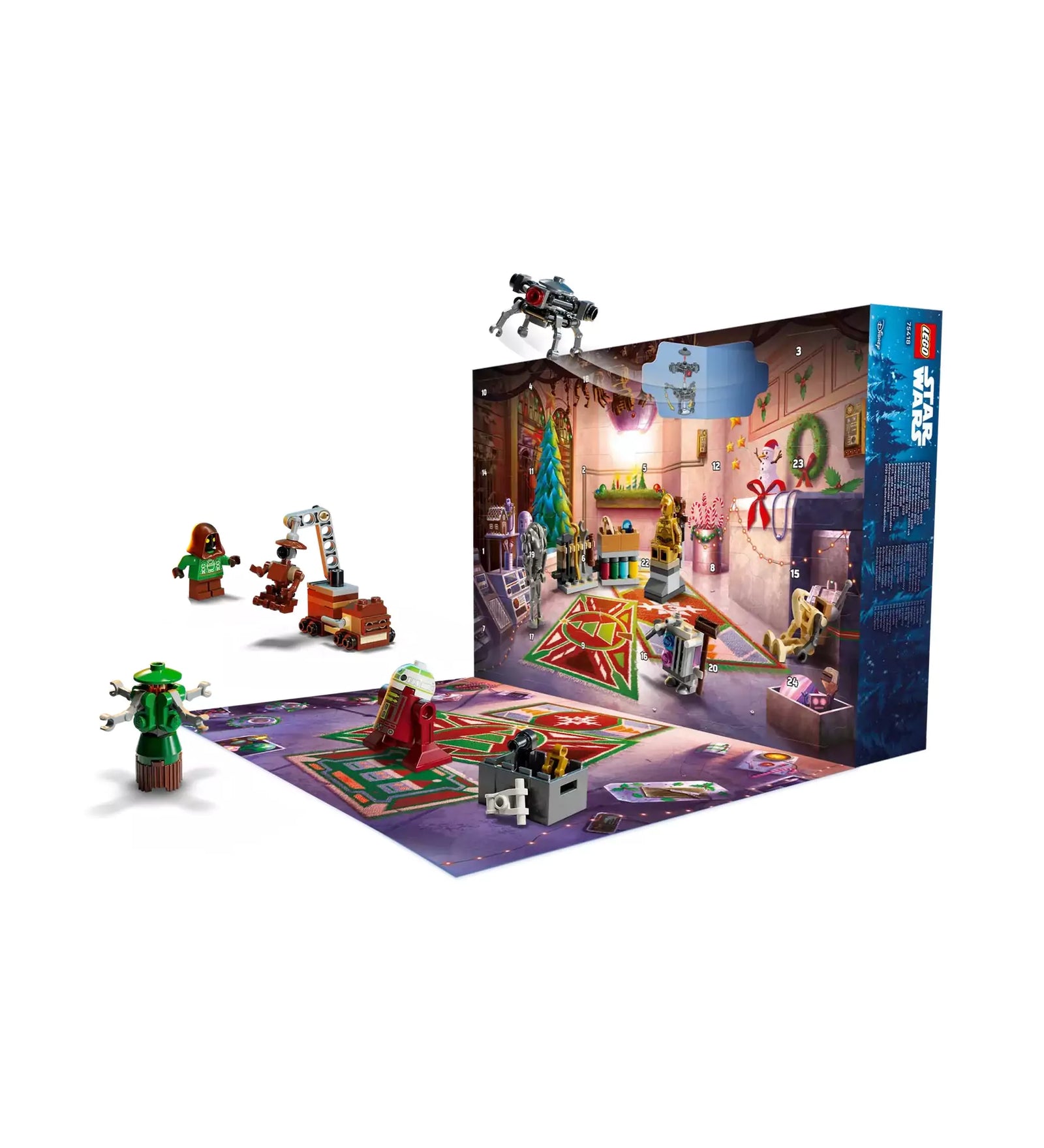 LEGO Star Wars Adventi naptár 2025 nyitott állapotban, karácsonyi droidműhely háttérrel, figurákkal és miniépítményekkel elhelyezve.