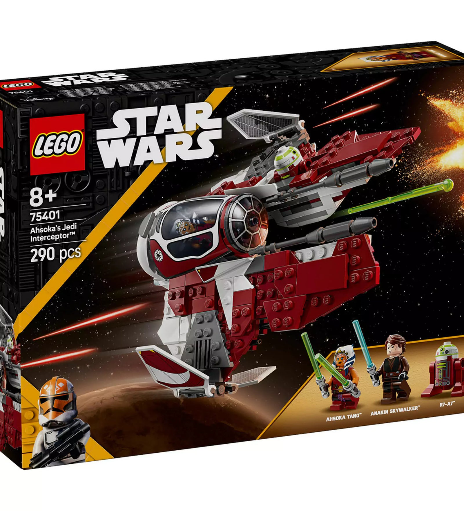 LEGO Star Wars Ahsoka Jedi elfogóvadásza (75401) doboz szemből, űrcsatás háttérrel és a három minifigurával.