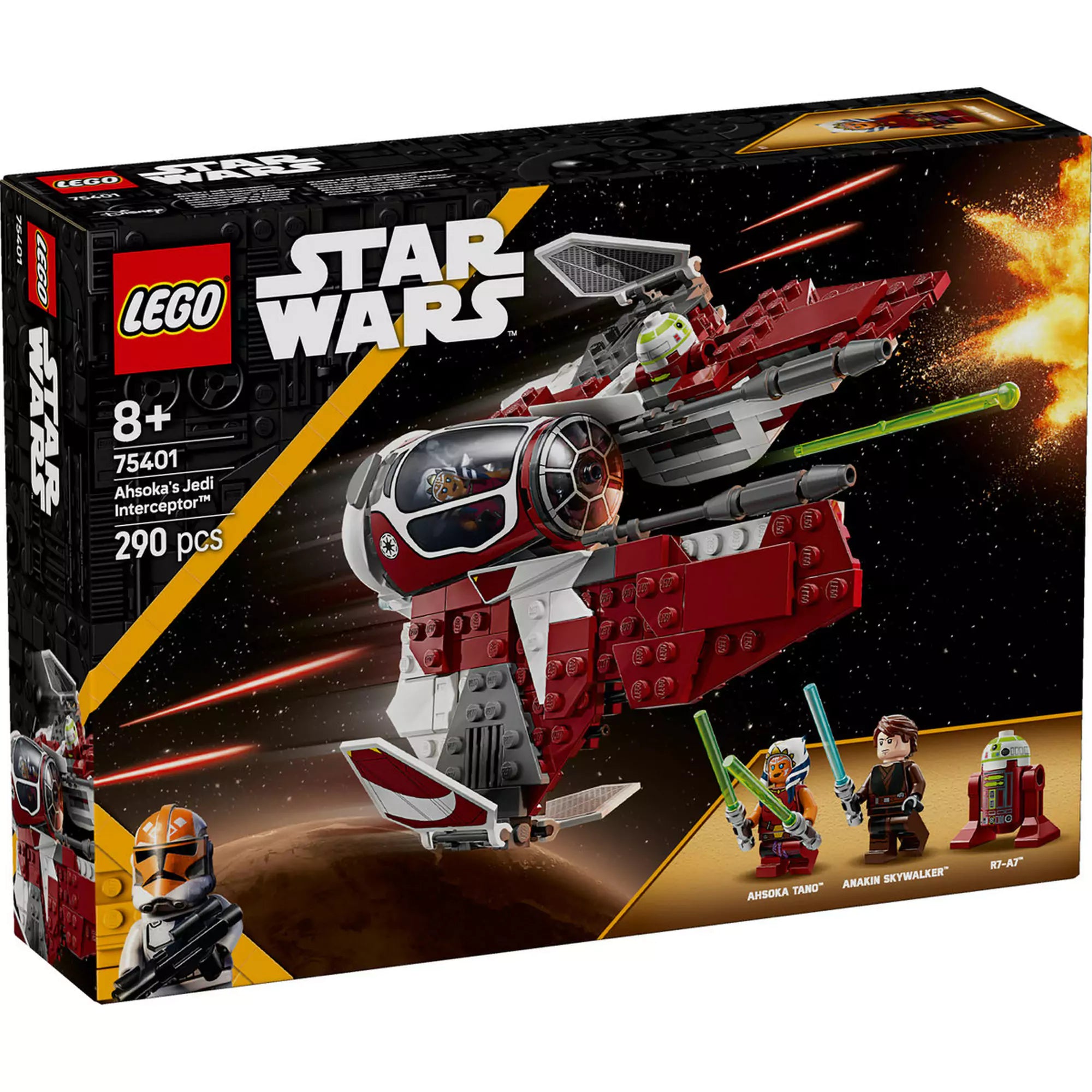 LEGO Star Wars Ahsoka Jedi elfogóvadásza (75401) doboz szemből, űrcsatás háttérrel és a három minifigurával.