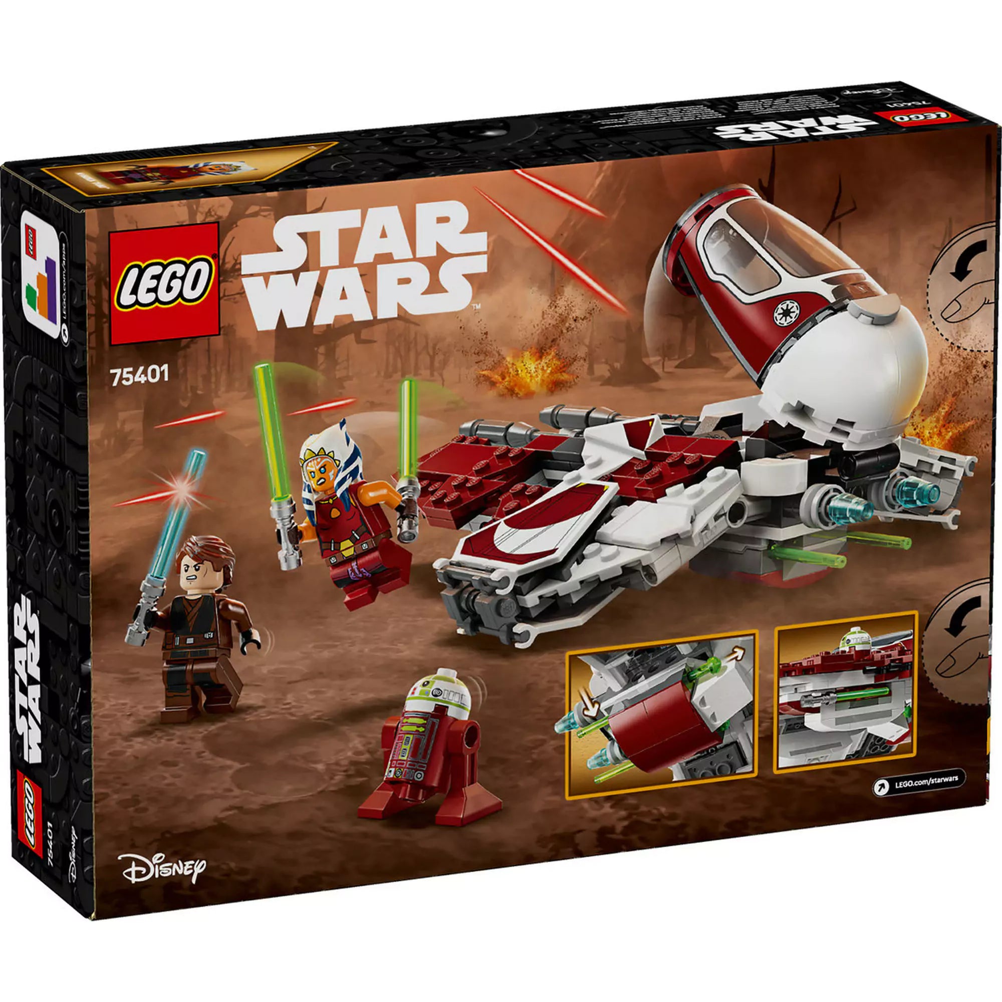 LEGO Star Wars Ahsoka Jedi elfogóvadásza (75401) doboz hátulnézetből, akcióban látható minifigurákkal és funkcióbemutatóval.
