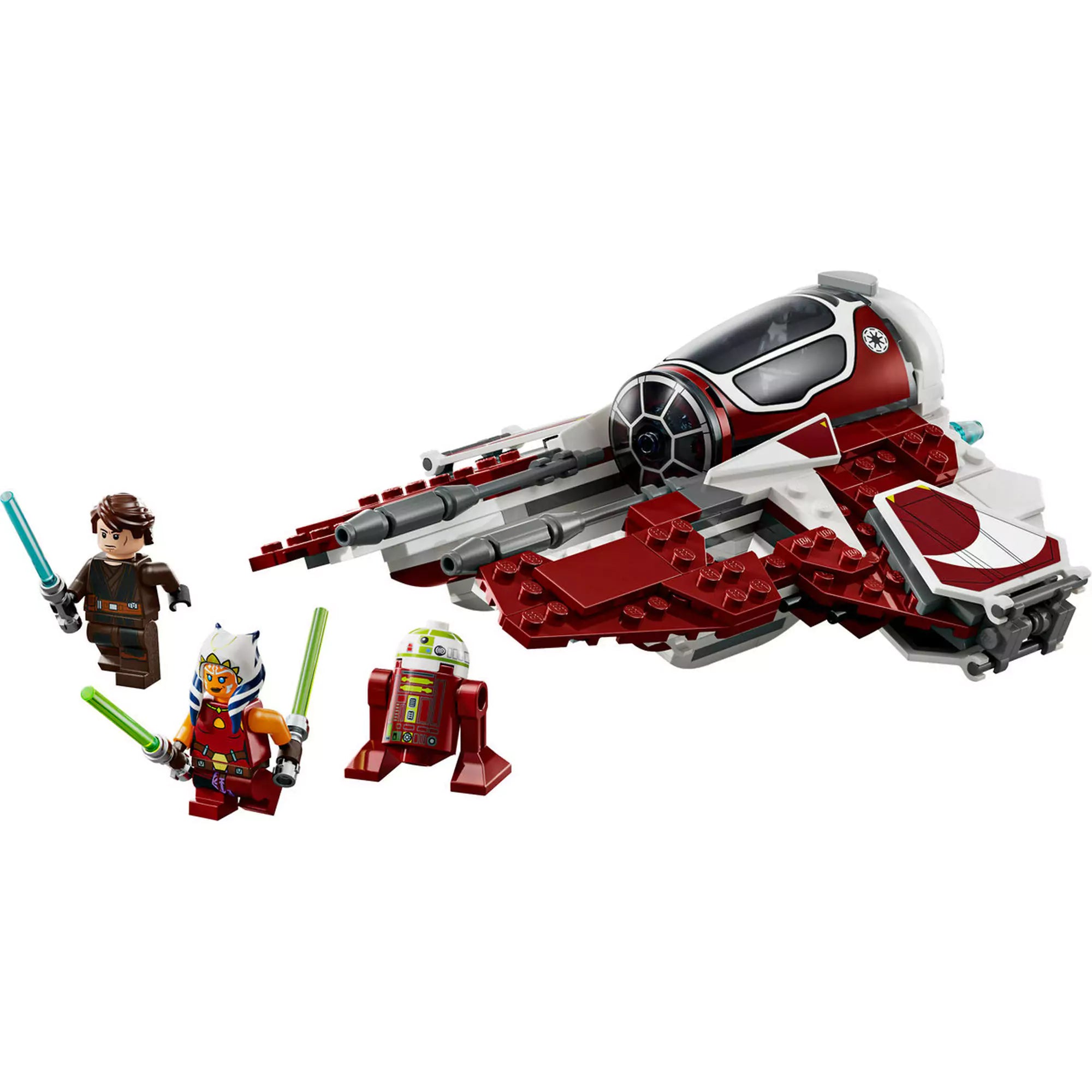 LEGO Star Wars Ahsoka Jedi elfogóvadásza (75401) a három minifigurával – Ahsoka, Anakin és R7-A7 – különállóan.