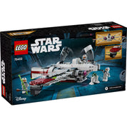  A LEGO Star Wars ARC-170 vadászgép hátoldali dobozképe, amely a vadászgép funkcióit és a figurák részleteit mutatja.