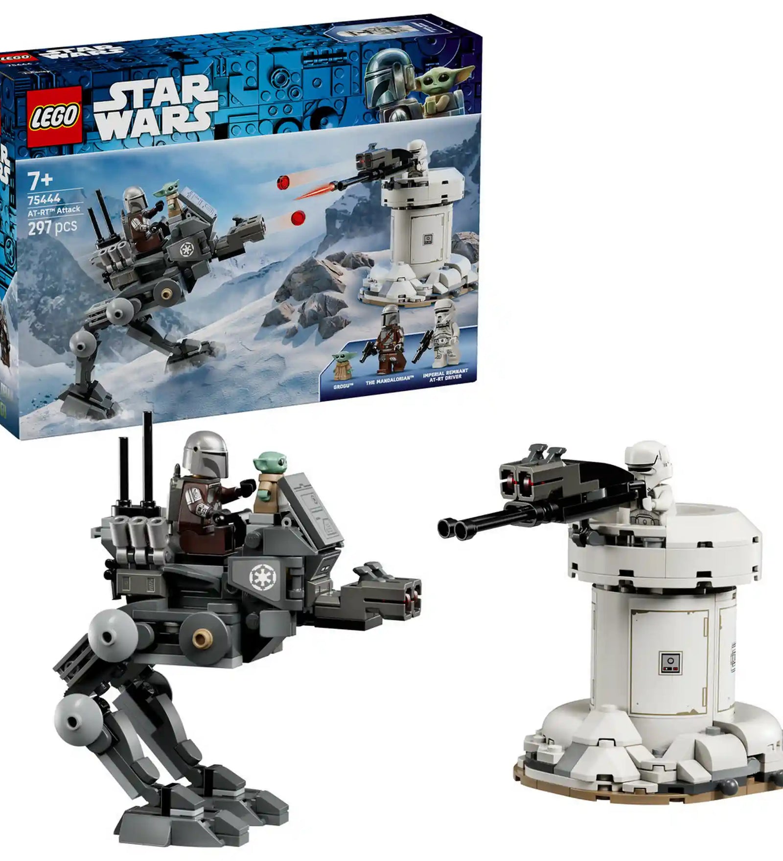 LEGO Star Wars AT-RT támadás 75444 dobozkép és megépített lépegető valamint torony