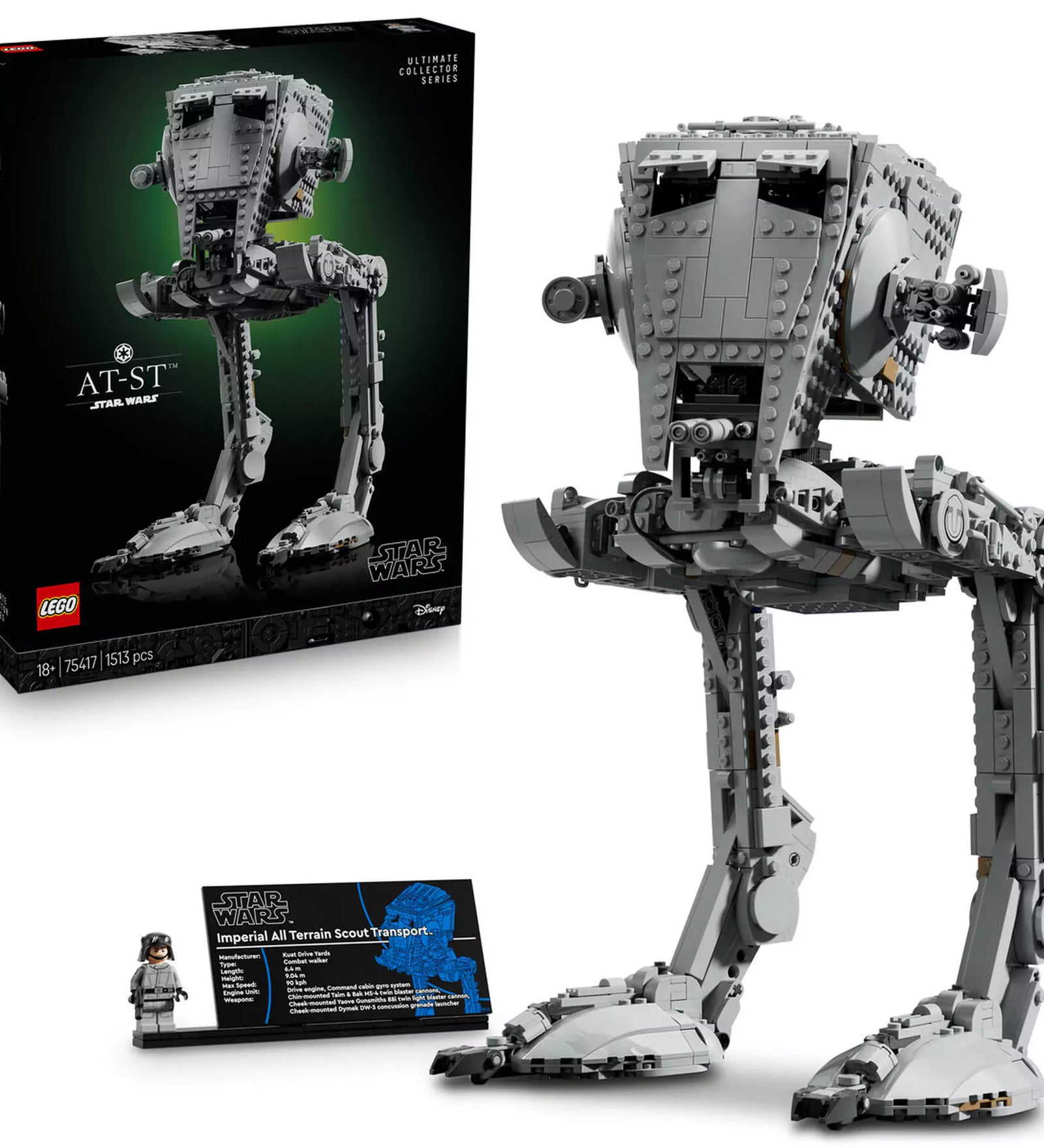 LEGO Star Wars: AT-ST lépegető (75417) készlet dobozzal és kiállított modellel, gyűjtői kiadásban.