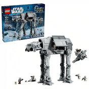 LEGO Star Wars 75454 készlet doboza és megépített szürke AT-AT lépegető nyitott oldalsó panellel, INT-4 repülő járművel, Grog uval, a Mandalórival és birodalmi katonákkal.