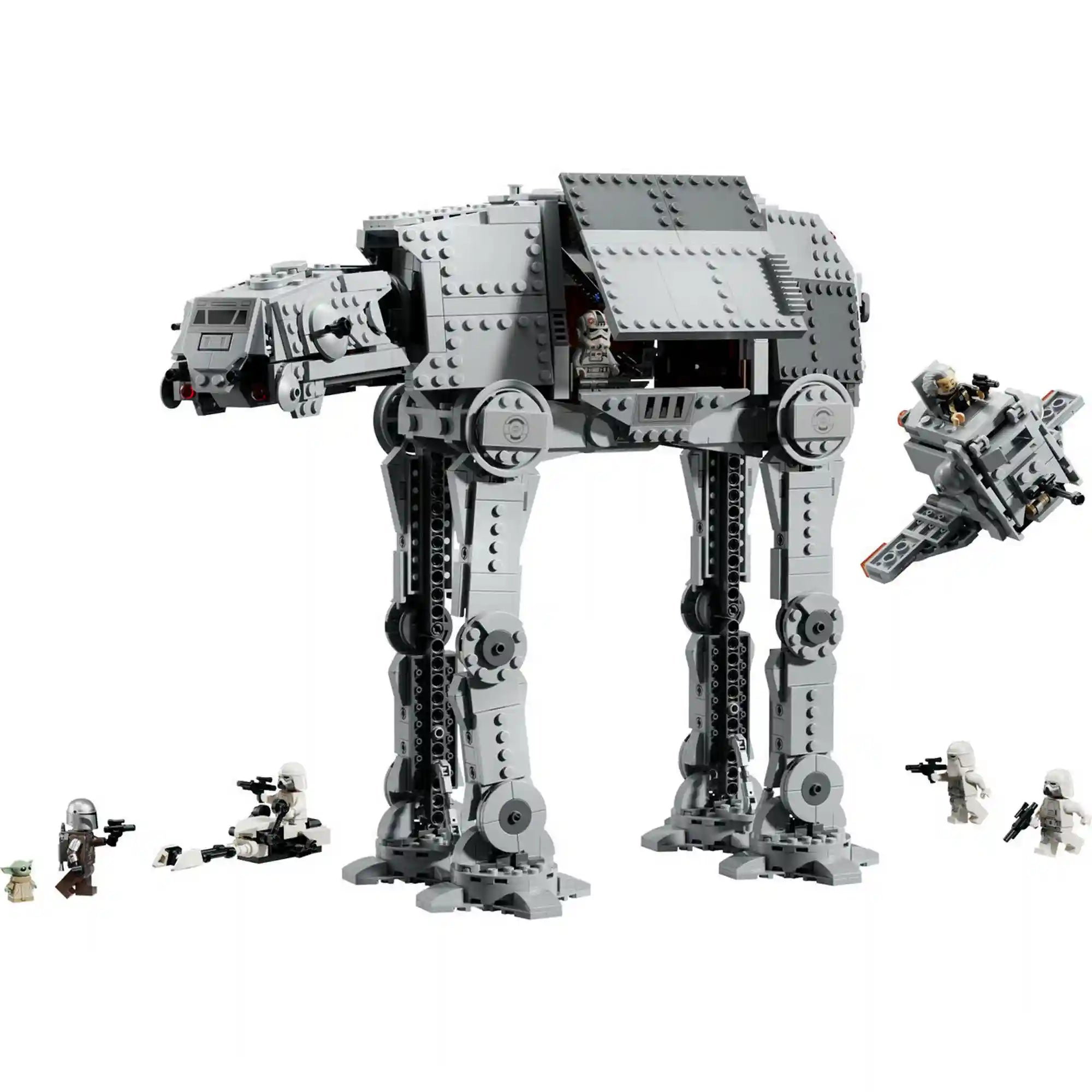 LEGO Star Wars 75454 szürke AT-AT lépegető nyitott oldalsó panellel, mellette INT-4 repülő járművel, siklómotorral és Star Wars figurákkal.