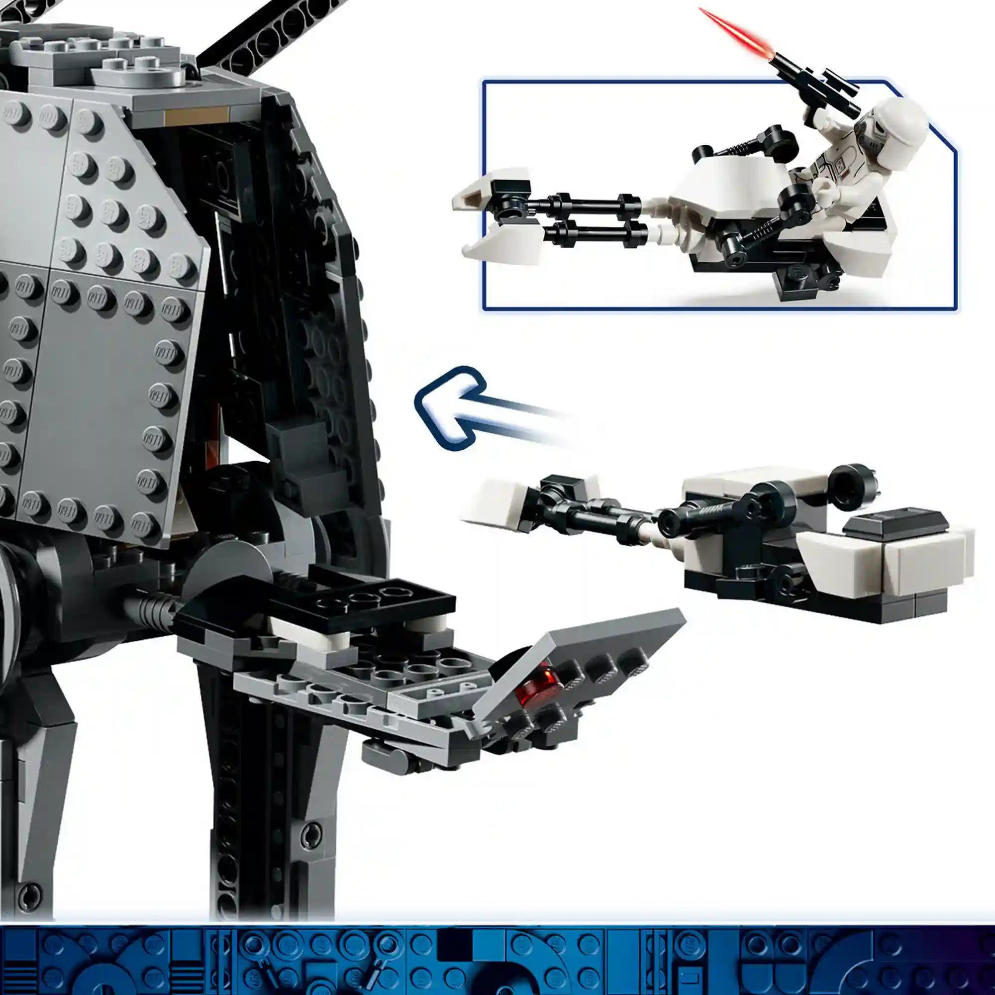 LEGO Star Wars AT-AT lépegető nyitott oldalsó része, kihajtható platformmal és egy fehér birodalmi katona által vezetett kis járművel.