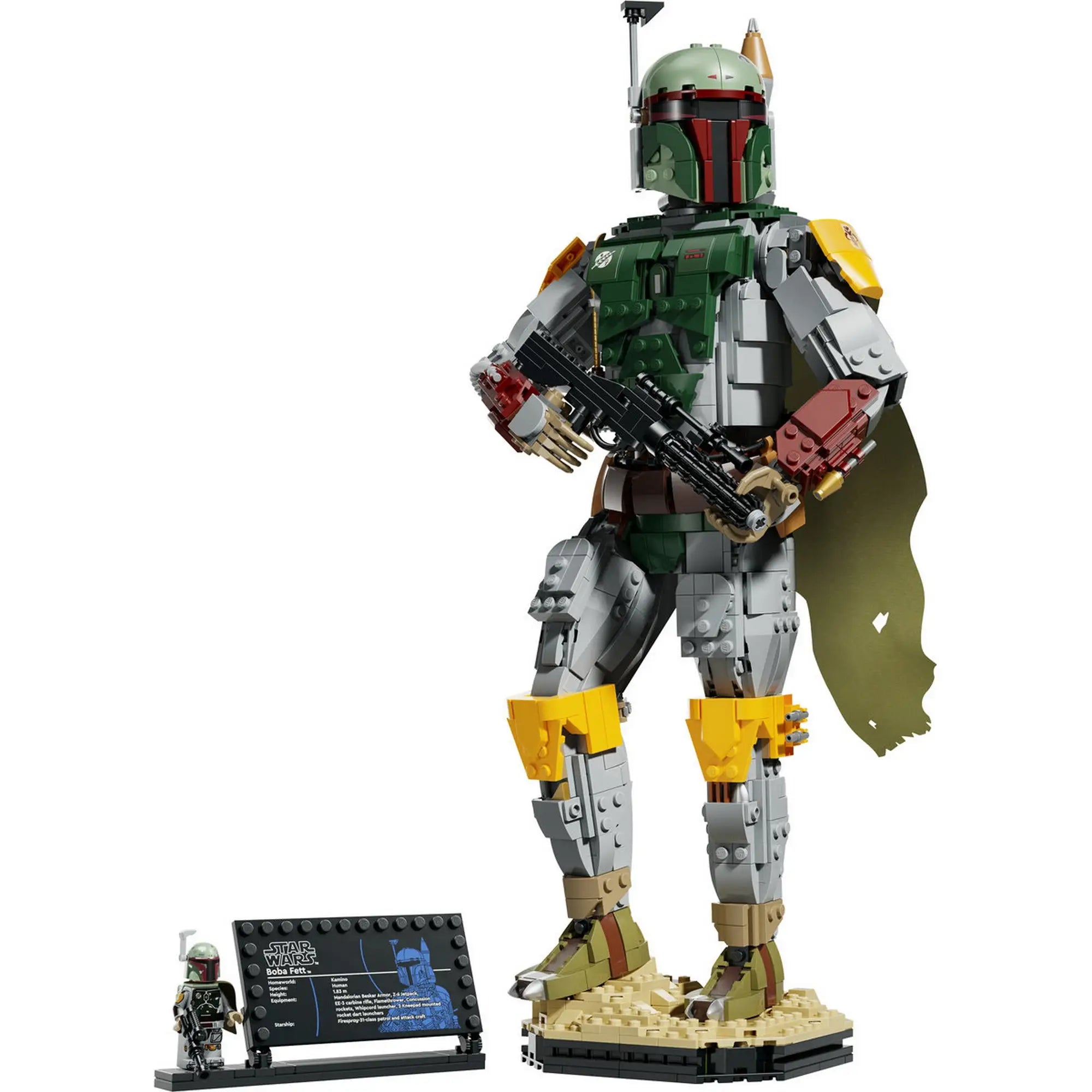 A LEGO Star Wars Boba Fett figura 75455 teljes megépített modellje a kiállítótalppal, információs táblával és Boba Fett minifigurával.