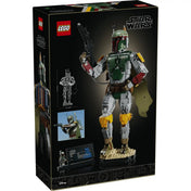 A LEGO Star Wars Boba Fett figura 75455 dobozának hátoldala a kész modell méretével és kiállítási részleteivel.