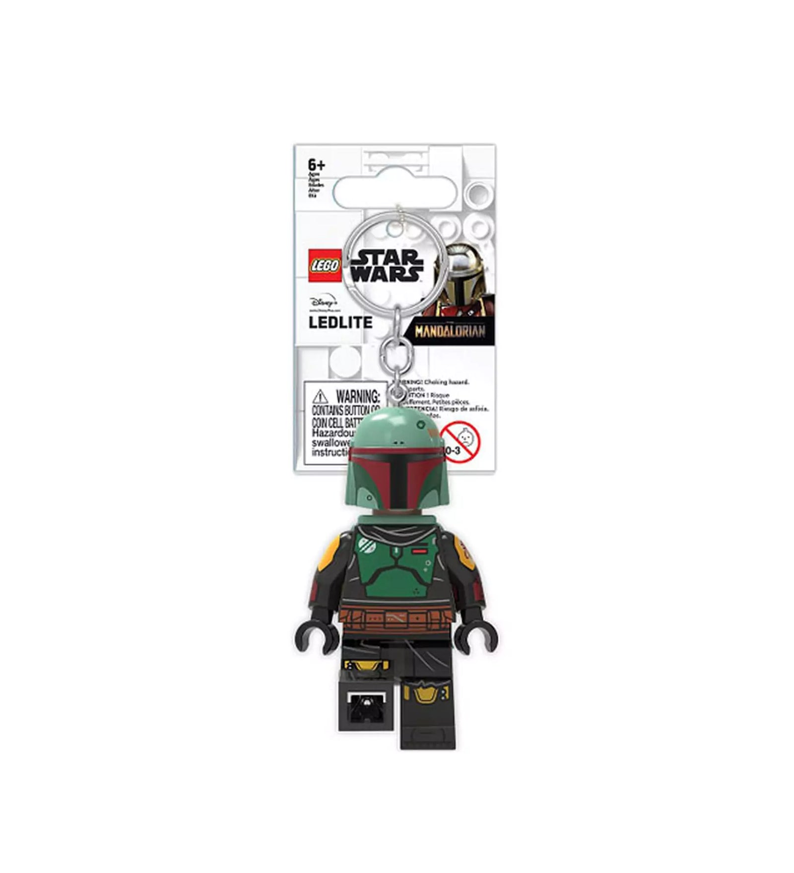 LEGO Star Wars Boba Fett LED kulcstartó, Mandalorian dizájnnal, zöld sisakkal és részletgazdag páncéllal, eredeti csomagolásban.