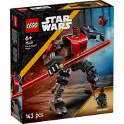 A kép a LEGO Star Wars Darth Maul Mech (75411) készlet színes dobozát mutatja, rajta a Darth Maul figurával és a 143 darabos mechával, vörös és fekete színsémával.