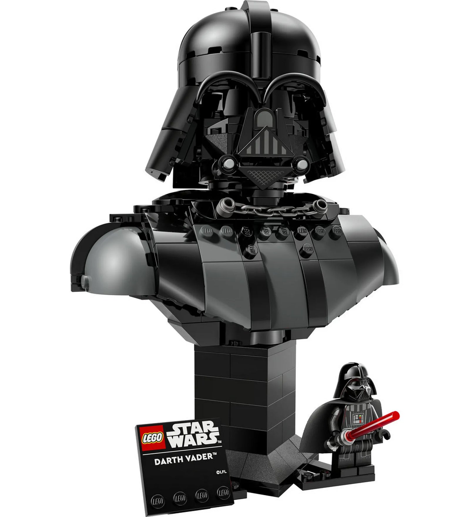 LEGO Star Wars Darth Vader (75439) mellszobor közelről, minifigurával, névjegyzékkel, fehér háttérrel.