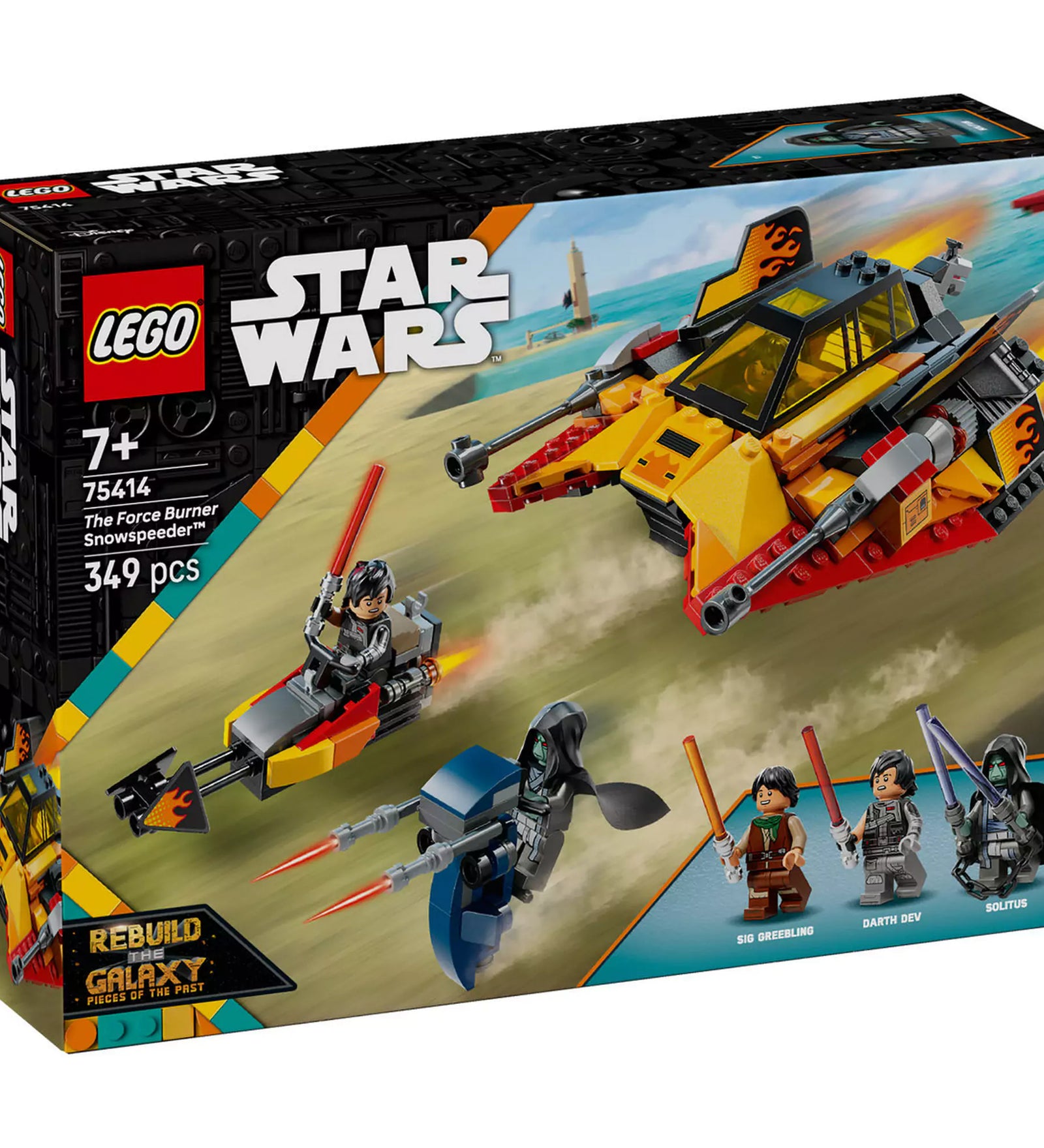 LEGO Star Wars: Force Burner hósikló 75414 dobozkép – A készlet eleje látható a lángmintás hósiklóval, STAP járművel és 3 minifigurával: Sig Greebling, Darth Dev és Solitus.