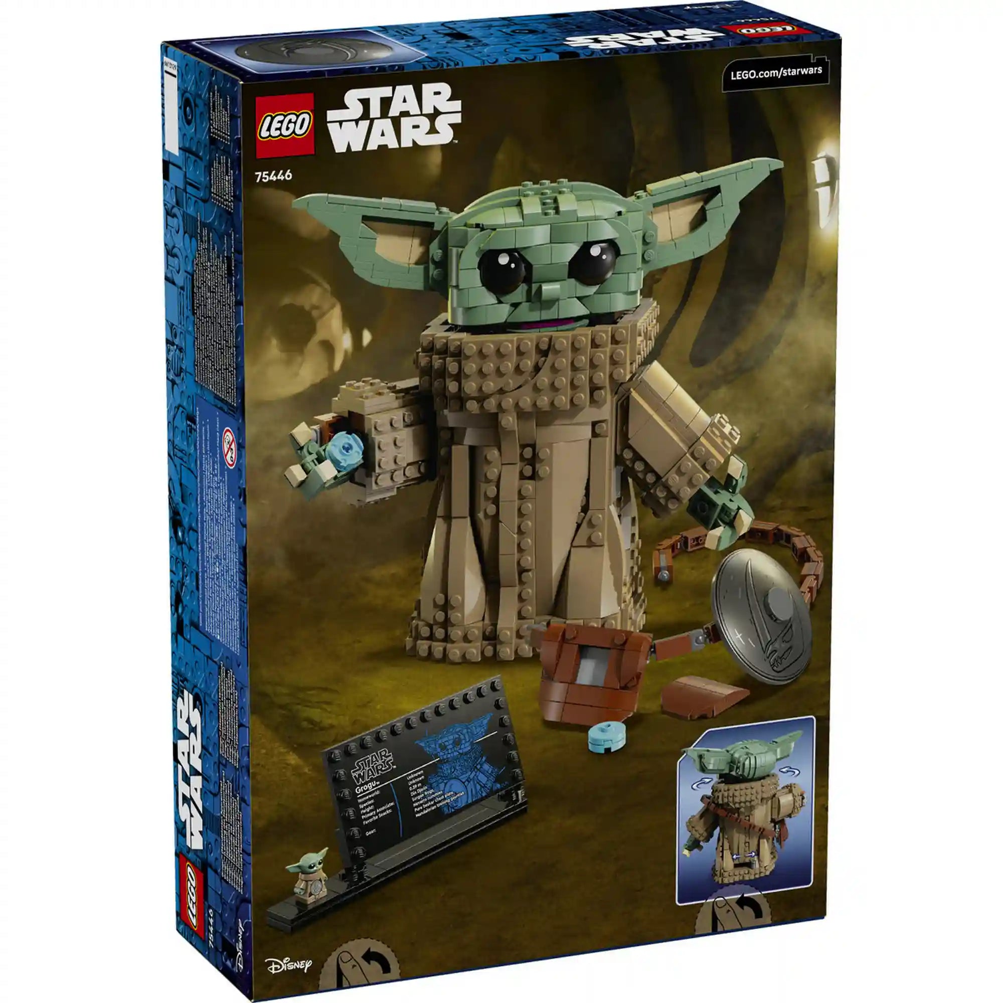 LEGO Star Wars: Grogu (Mandalóri tanonc) doboz hátoldal, részletek a megépíthető figuráról, kiegészítőkkel és információs táblával.