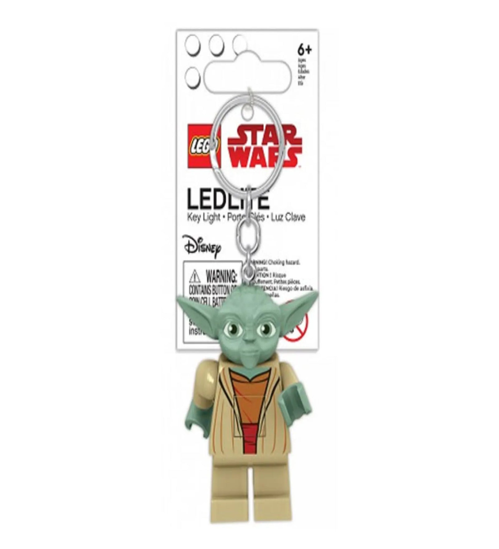 LEGO Star Wars Grogu világító kulcstartó fehér csomagolásban, Disney logóval. A kulcstartó LED fényforrással és 6 éves kortól ajánlott.
