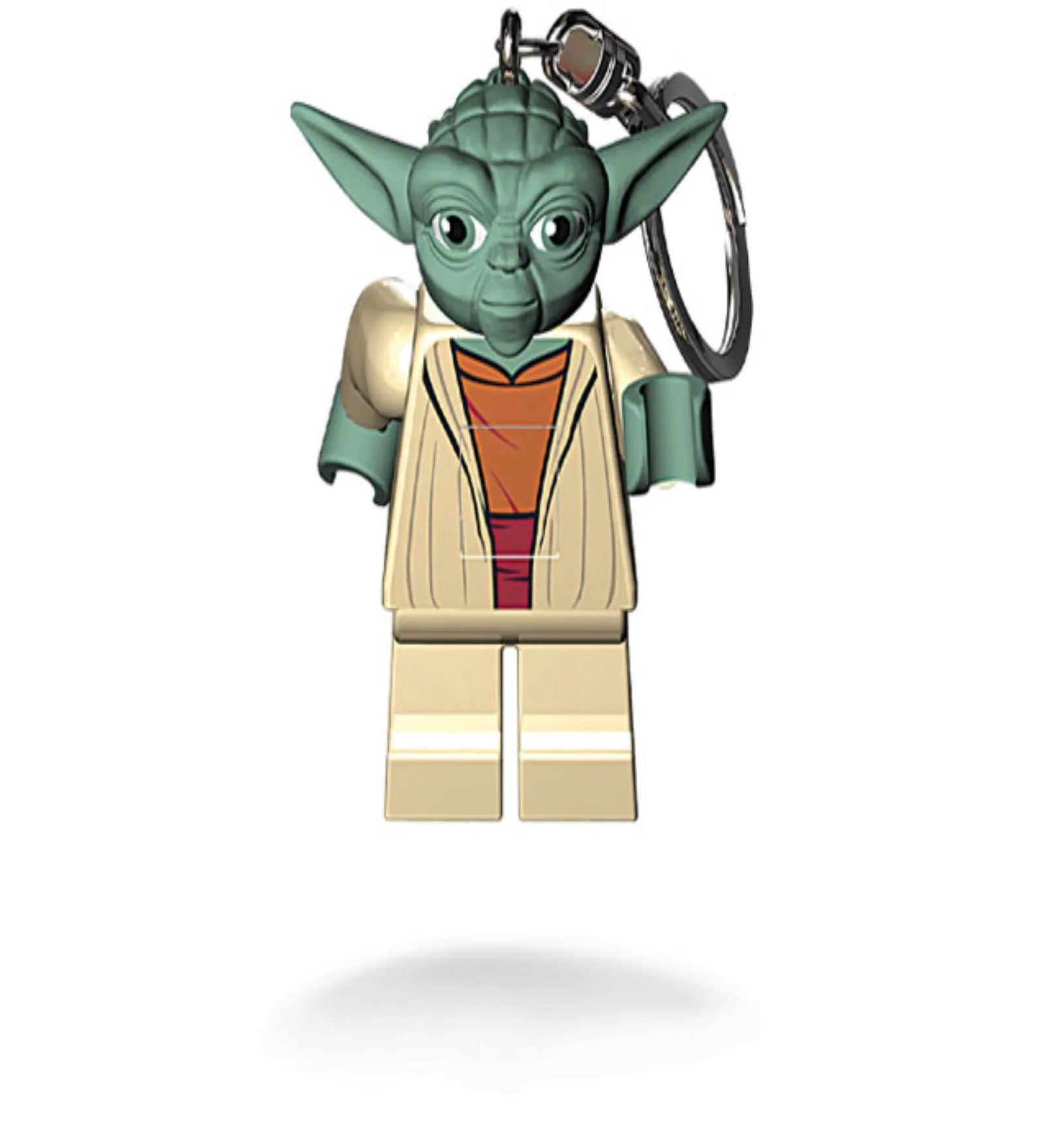Közelről fotózott LEGO Star Wars Grogu kulcstartó, részletgazdag minifigura formában, mozgatható végtagokkal, 7,5 cm-es méretben.