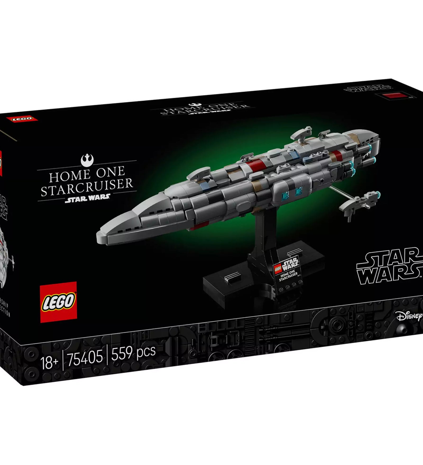  A LEGO Star Wars Home One-típusú csillagcirkáló (75405) doboza, amely kiemeli a készlet részleteit és az 559 darabból álló építési kihívást.