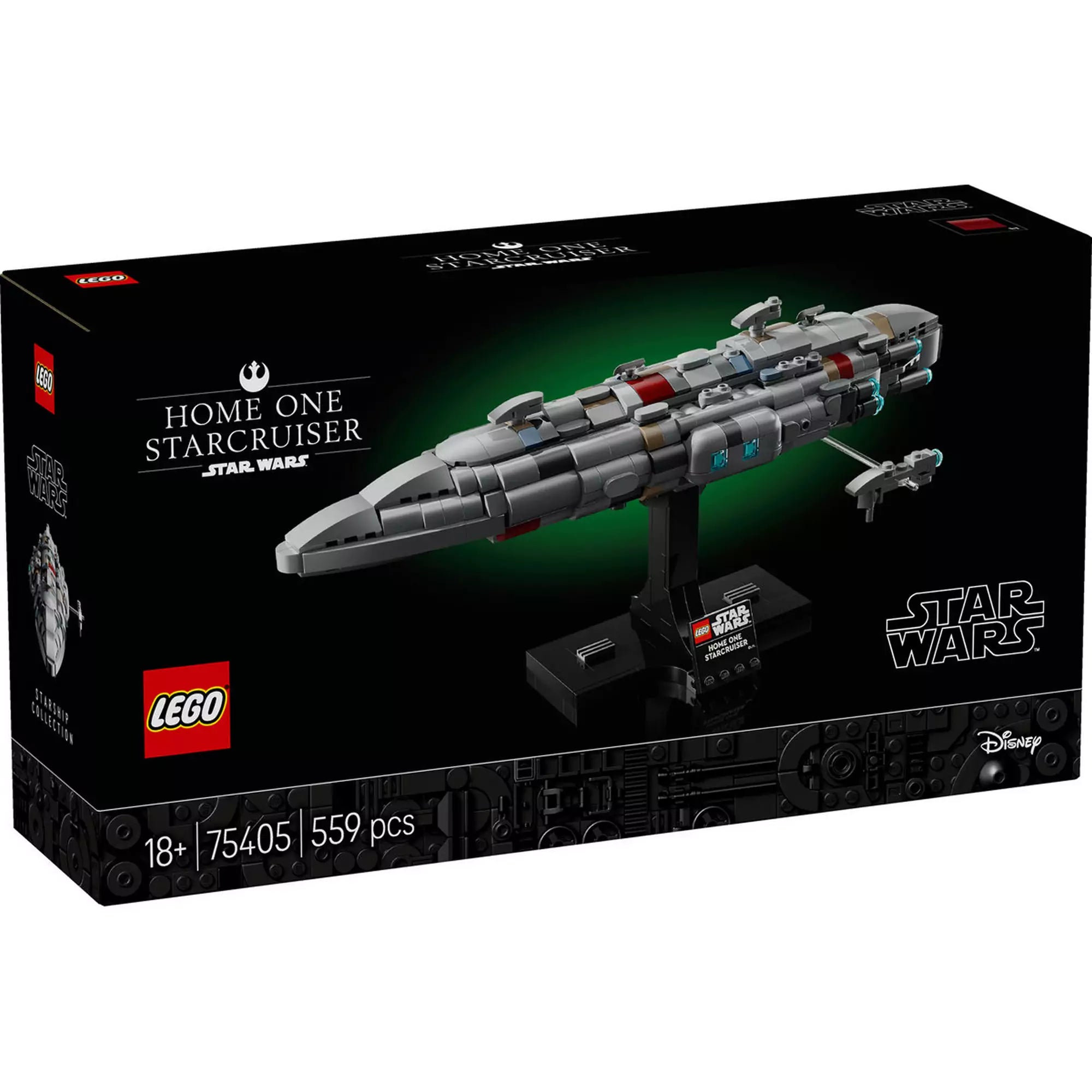  A LEGO Star Wars Home One-típusú csillagcirkáló (75405) doboza, amely kiemeli a készlet részleteit és az 559 darabból álló építési kihívást.