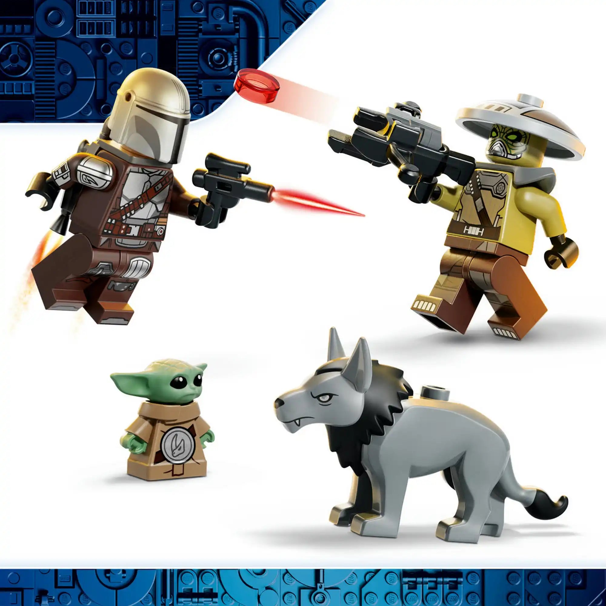 A LEGO Star Wars: Hutt-palota: leszámolás az őrszem droiddal 75451 szereplői: a Mandalóri, Grogu, Keibu és a farkasszerű lény akciójelenetben.