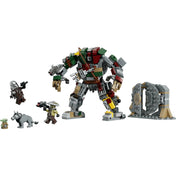 A LEGO Star Wars: Hutt-palota: leszámolás az őrszem droiddal 75451 megépített őrszem droidja, a páncélterem ajtaja, a Mandalóri, Grogu, Keibu és a farkasszerű lény.