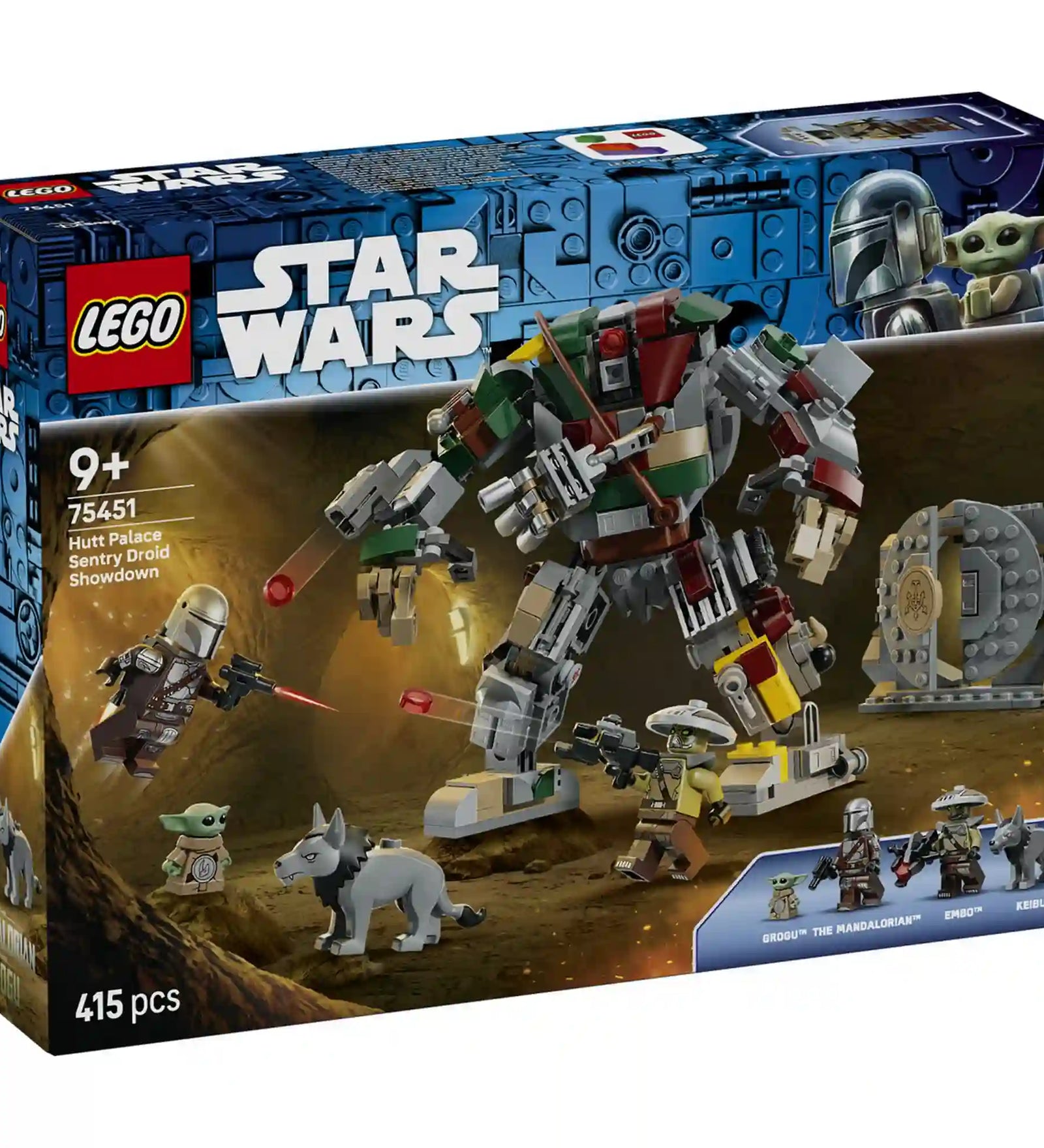 A LEGO Star Wars: Hutt-palota: leszámolás az őrszem droiddal 75451 készlet dobozának eleje az őrszem droiddal, a Mandalórival, Groguval és a szereplőkkel.