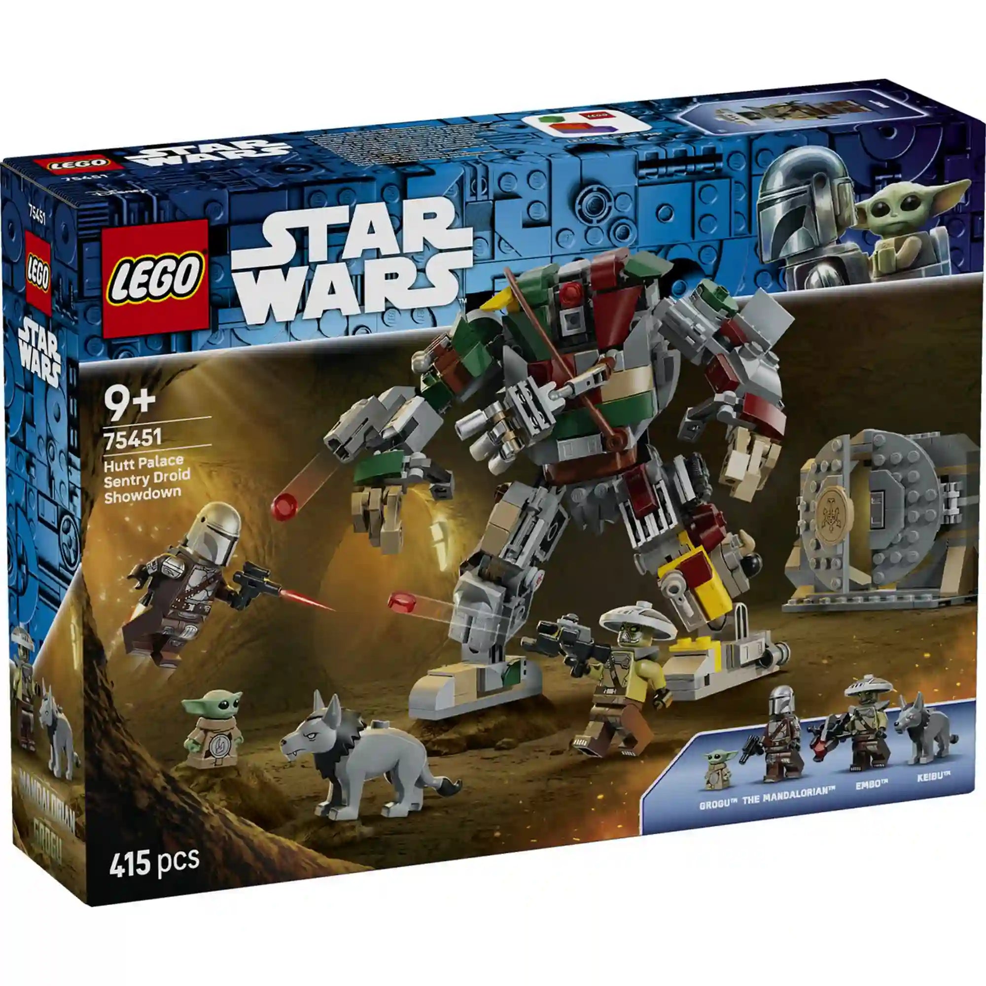 A LEGO Star Wars: Hutt-palota: leszámolás az őrszem droiddal 75451 készlet dobozának eleje az őrszem droiddal, a Mandalórival, Groguval és a szereplőkkel.