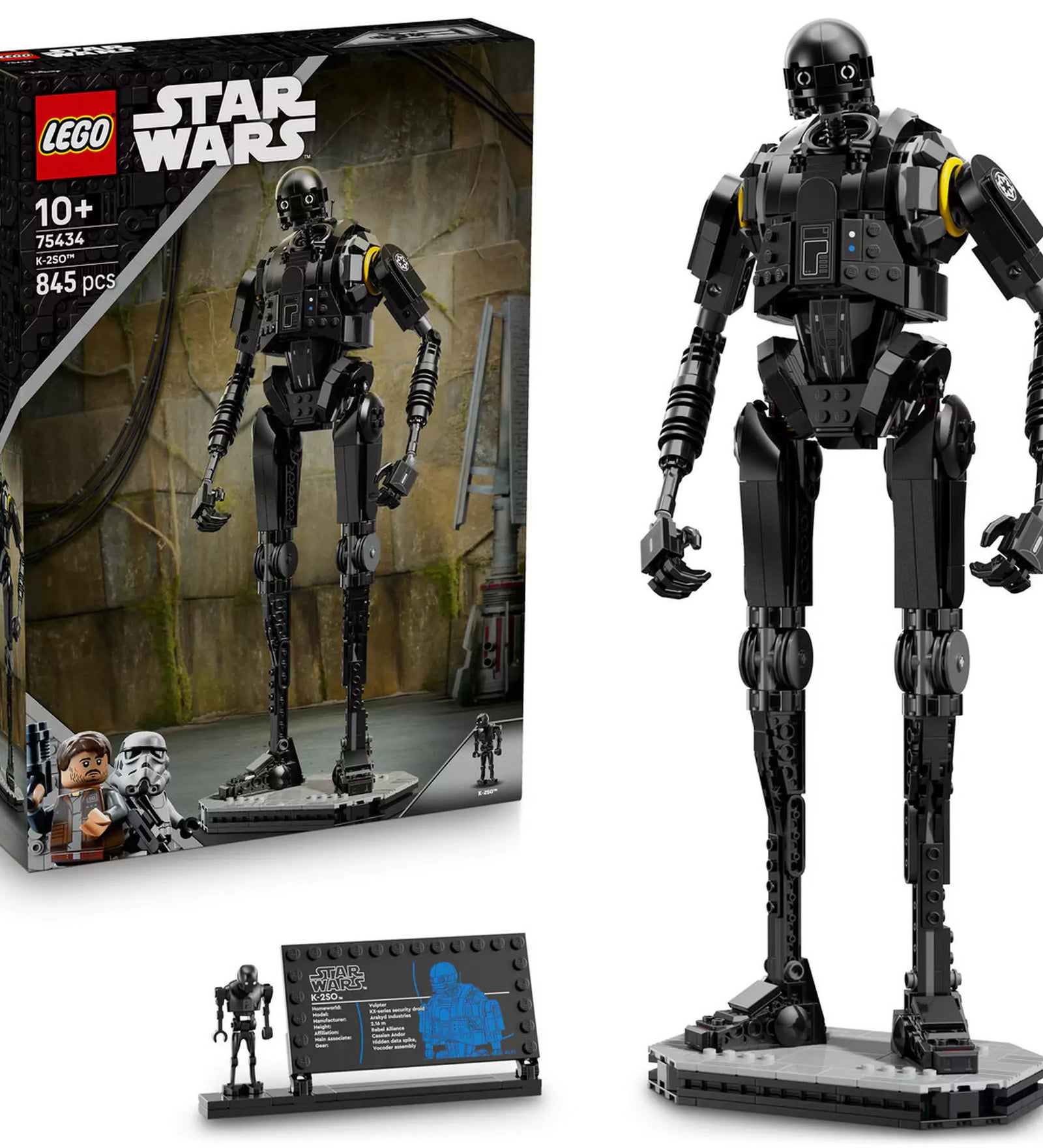 LEGO Star Wars: K-2SO biztonsági droid (75434) modell és doboz – a teljes készlet, a megépített droid, a talapzat, a minifigura és a doboz együtt.