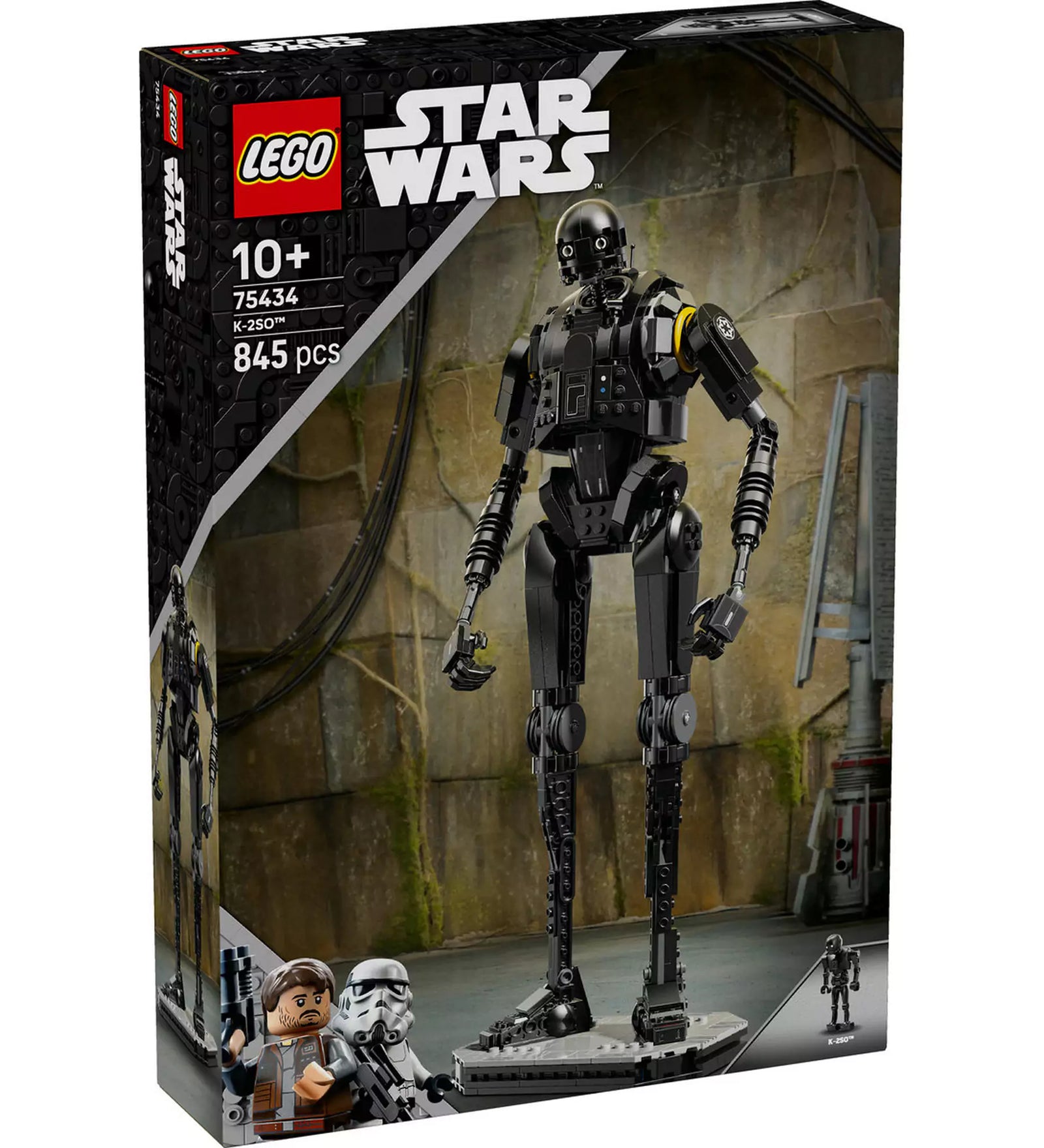 LEGO Star Wars: K-2SO biztonsági droid (75434) dobozkép – a csomag elején a 845 darabos, részletesen megépíthető fekete droid látható.