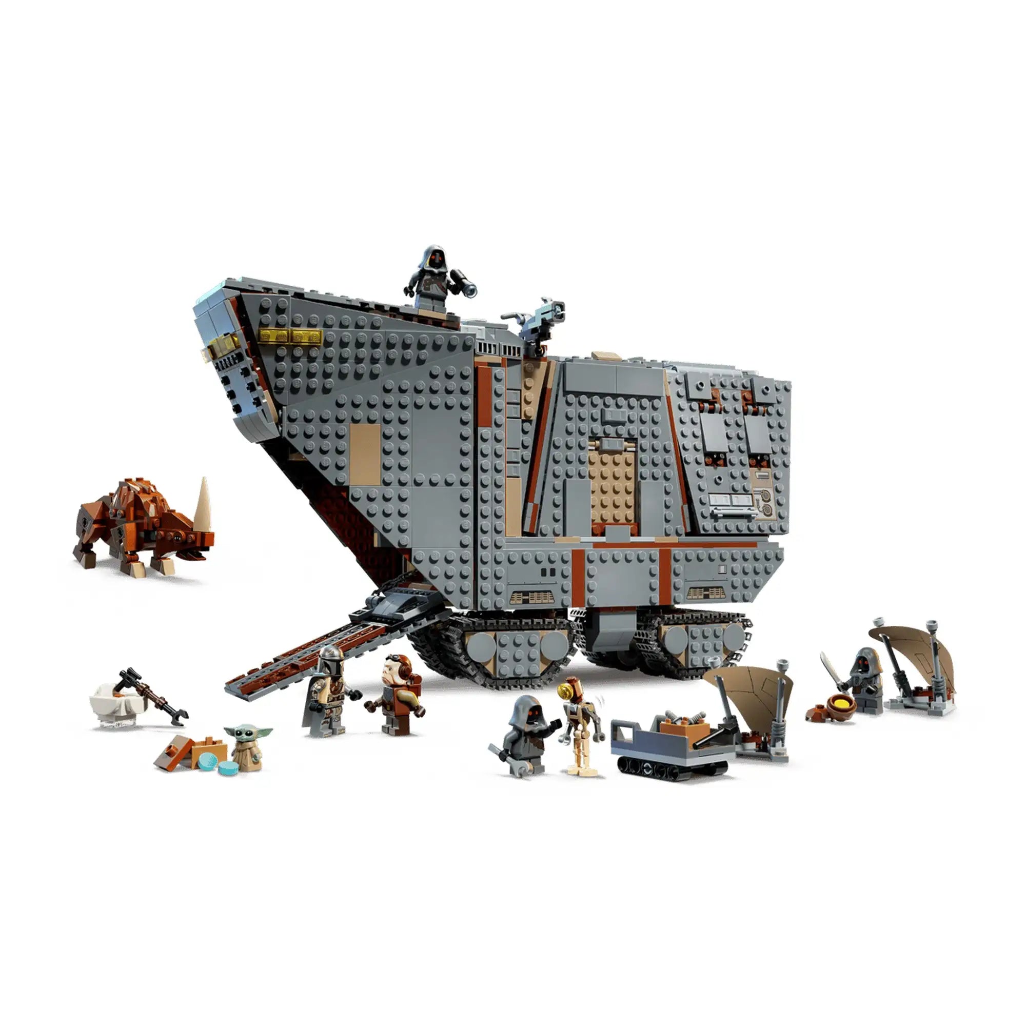 A LEGO Star Wars: Offworld homokkúszó és Mudhorn 75453 megépített homokkúszója, a Mudhorn és a kiegészítő figurák.