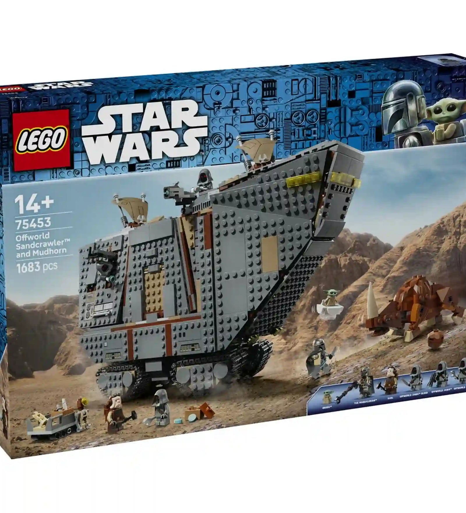 A LEGO Star Wars: Offworld homokkúszó és Mudhorn 75453 készlet dobozának eleje a homokkúszóval, Groguval, a Mandalórival és a Mudhornnal.