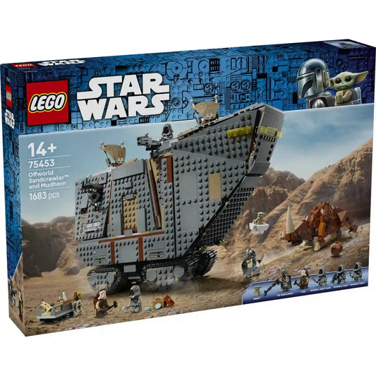 A LEGO Star Wars: Offworld homokkúszó és Mudhorn 75453 készlet dobozának eleje a homokkúszóval, Groguval, a Mandalórival és a Mudhornnal.
