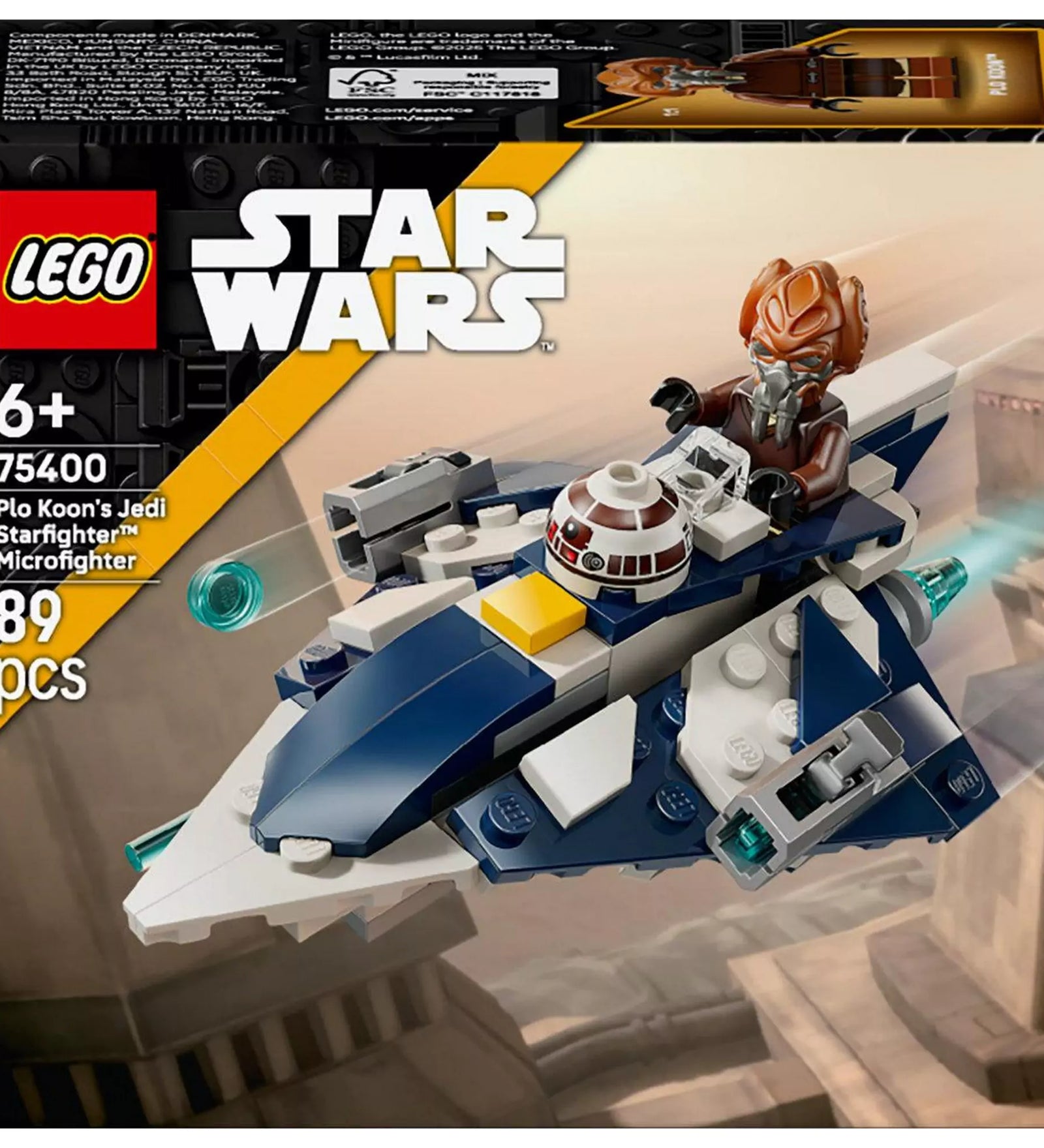 A LEGO Star Wars Plo Koon Jedi csillagvadásza microfighter doboza akciójelenetet ábrázol, amelyen Plo Koon a pilótafülkében ül és repül a város felett.
