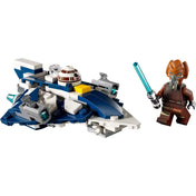 LEGO Star Wars Plo Koon Jedi csillagvadásza microfighter készlet fő elemei: sötétkék-fehér csillagvadász építmény R7-D4 droid fejjel és Plo Koon minifigurával fénykarddal.