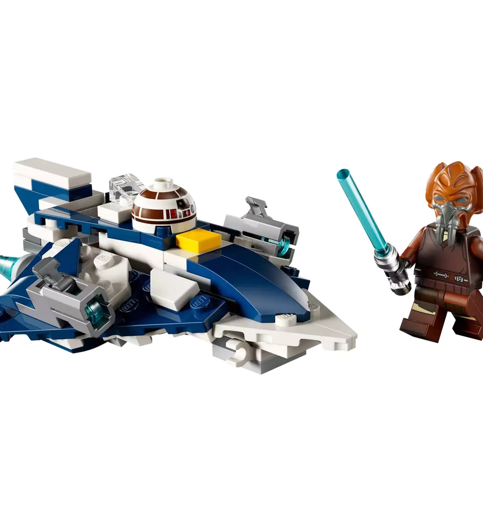 LEGO Star Wars Plo Koon Jedi csillagvadásza microfighter készlet fő elemei: sötétkék-fehér csillagvadász építmény R7-D4 droid fejjel és Plo Koon minifigurával fénykarddal.