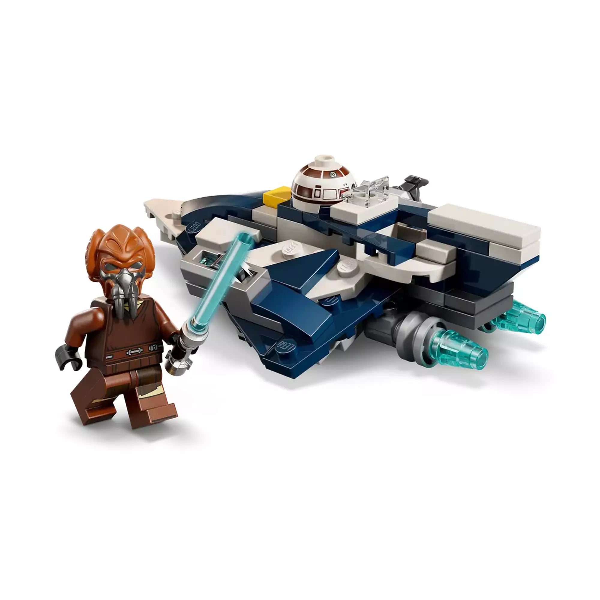 Részletes kép a LEGO Star Wars Plo Koon Jedi csillagvadásza microfighter csillagvadászról áttetsző kék hajtóművekkel és a mellékelt Plo Koon minifigurával.