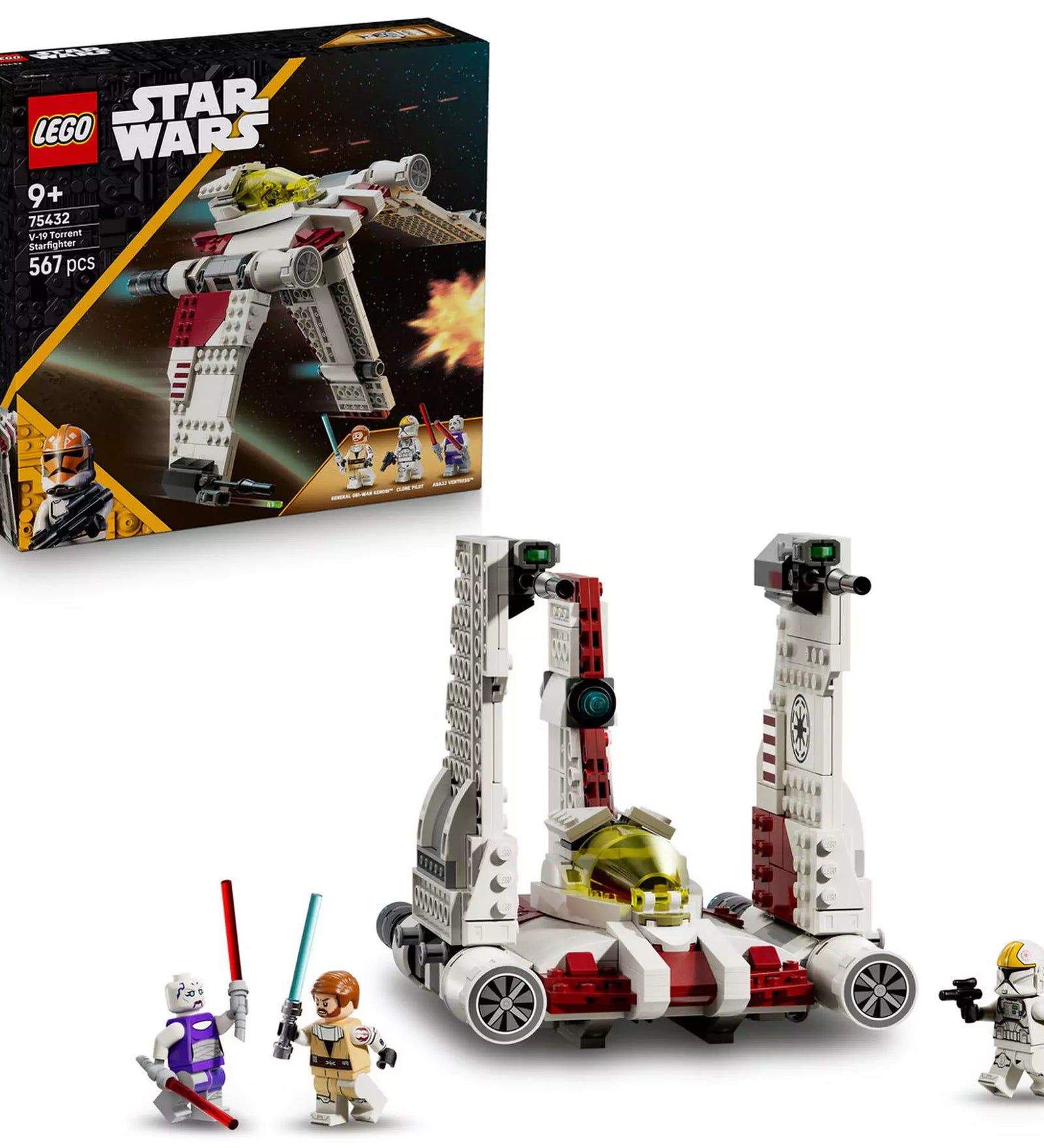 Doboz és kész modell: LEGO Star Wars: V-19 Torrent-osztályú csillagvadász (75432) doboza és a teljesen felépített csillagvadász minifigurákkal.