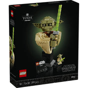 LEGO Star Wars Yoda mellszobor (75438) készlet doboza, fekete háttérrel, középen a megépített Yoda modell zöld fénykarddal, jobb oldalon funkciók és minifigura.