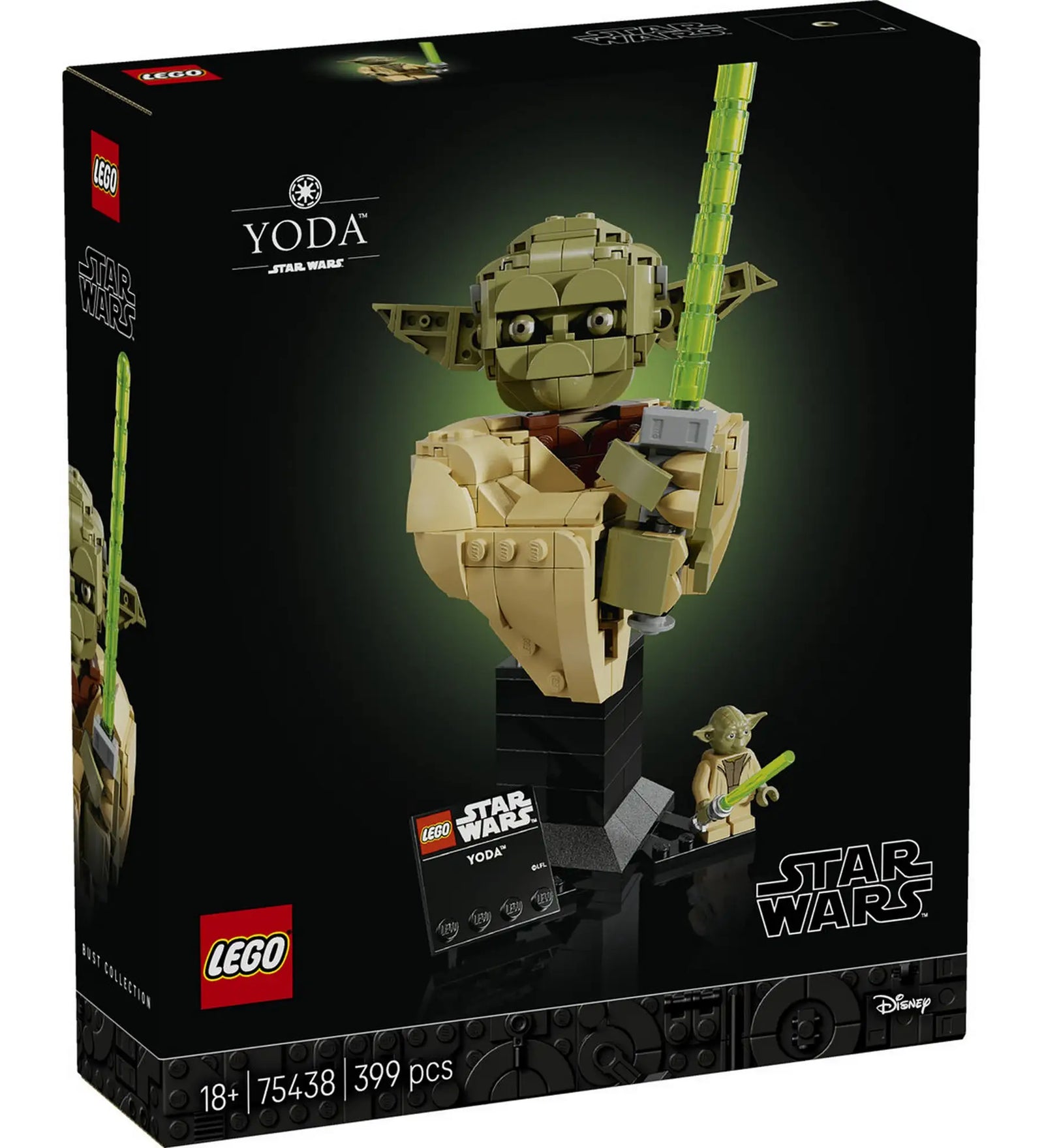 LEGO Star Wars Yoda mellszobor (75438) készlet doboza, fekete háttérrel, középen a megépített Yoda modell zöld fénykarddal, jobb oldalon funkciók és minifigura.