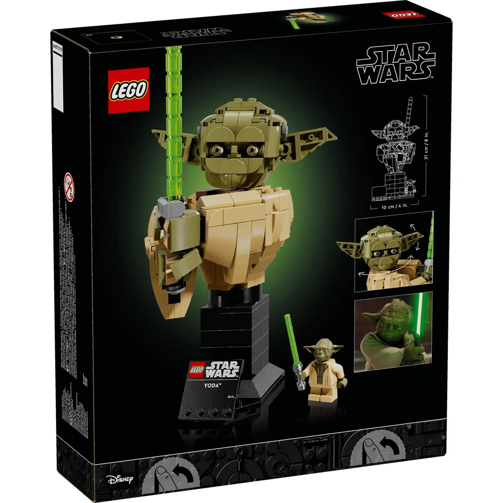 LEGO Star Wars Yoda készlet doboz hátoldala, a modell különböző nézeteivel és funkcióinak bemutatásával.