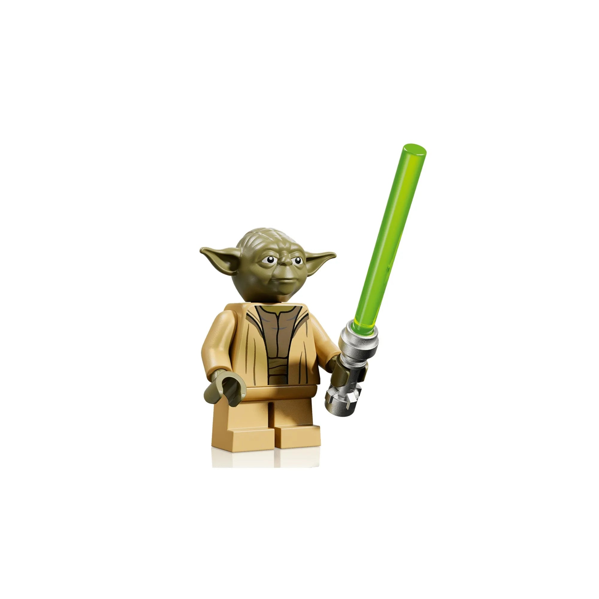 LEGO Star Wars Yoda minifigura részlet, zöld fénykarddal, részletes arckifejezéssel és klasszikus Jedi öltözettel.