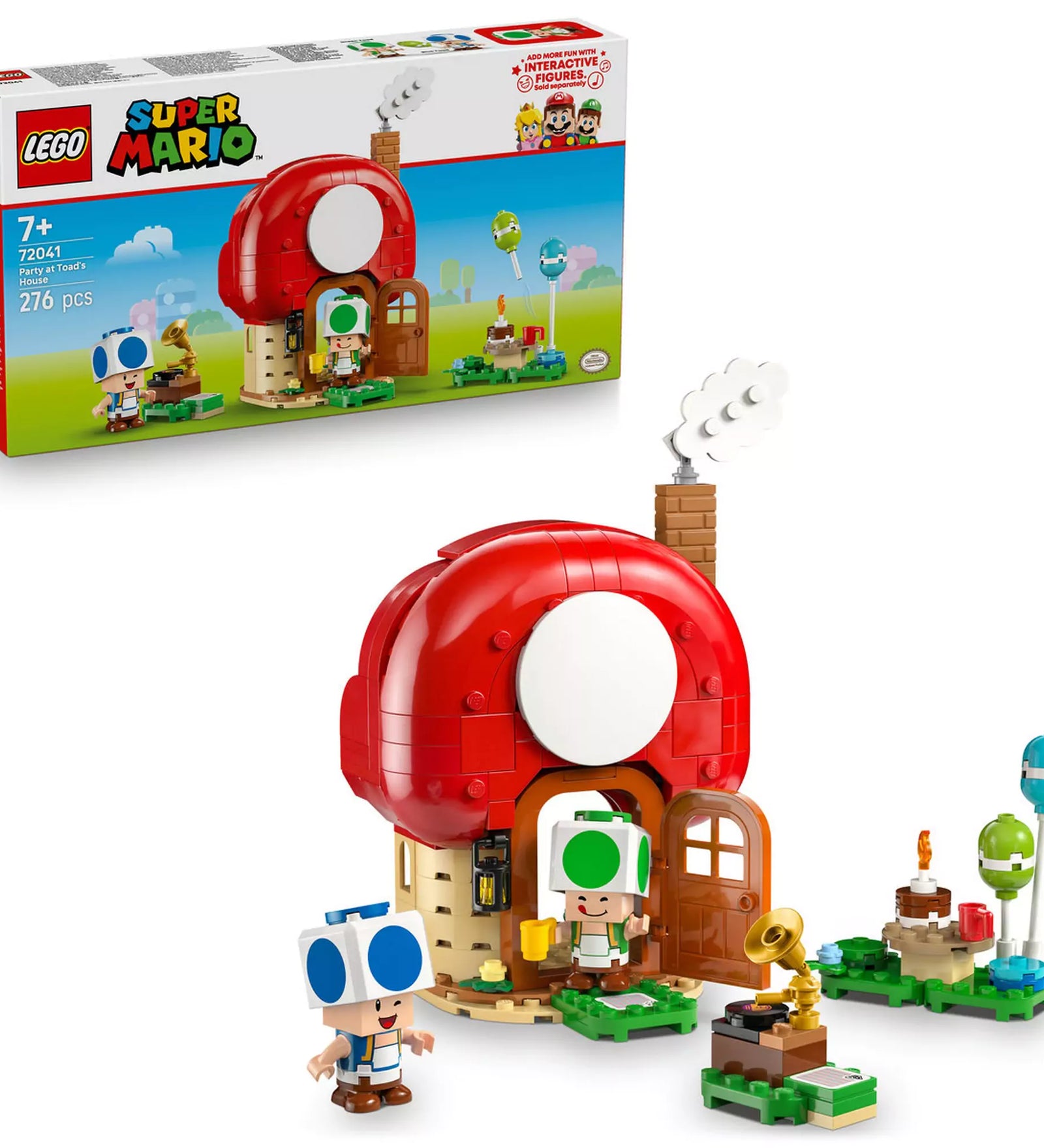 LEGO Super Mario: Buli Toad házában (72041) készlet és doboz együtt – A gombaház, a figurák és a doboz egy képen láthatók.