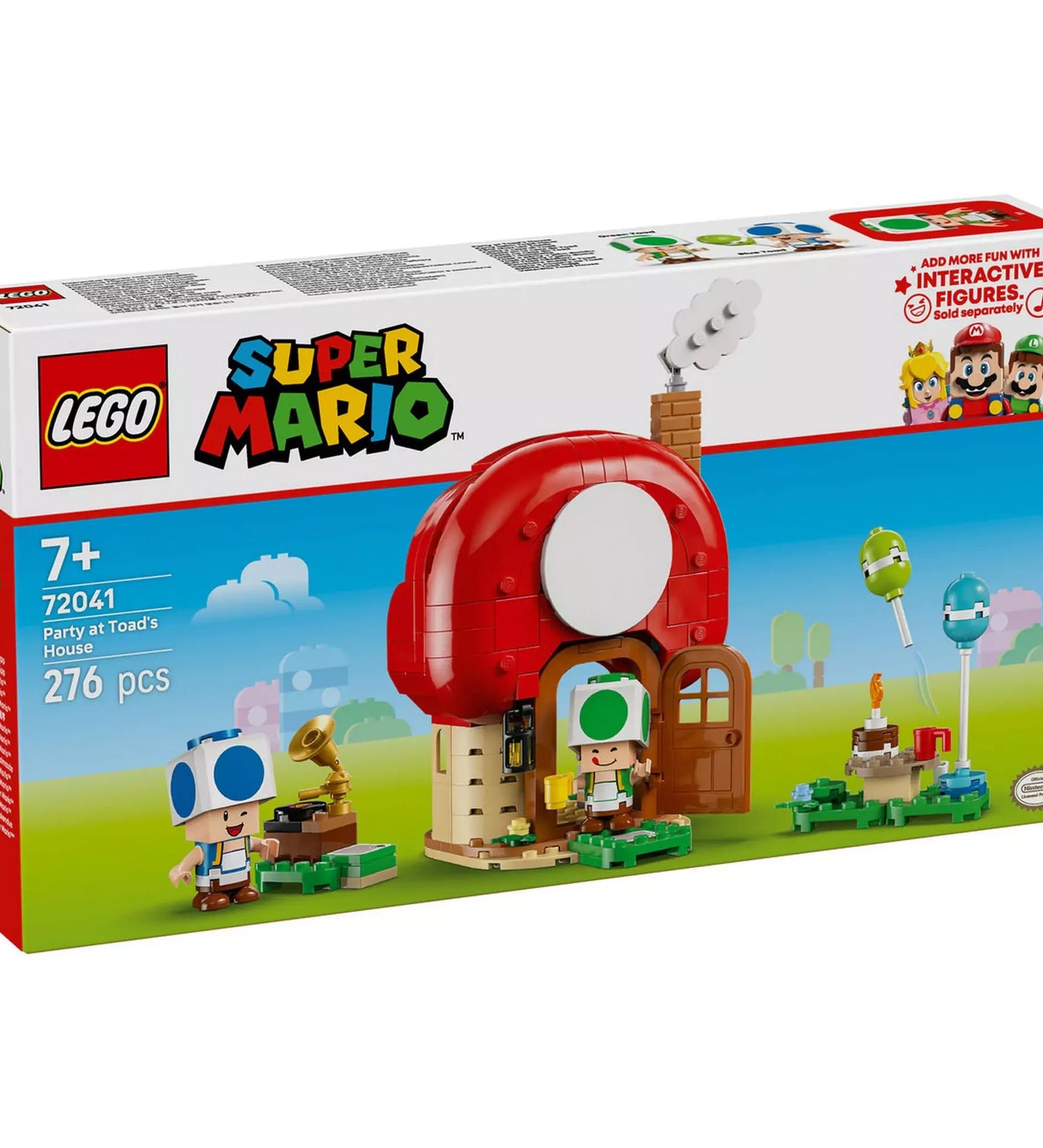 LEGO Super Mario: Buli Toad házában (72041) dobozkép – A színes, gombaház alakú készlet és a két Toad figura a csomagoláson.