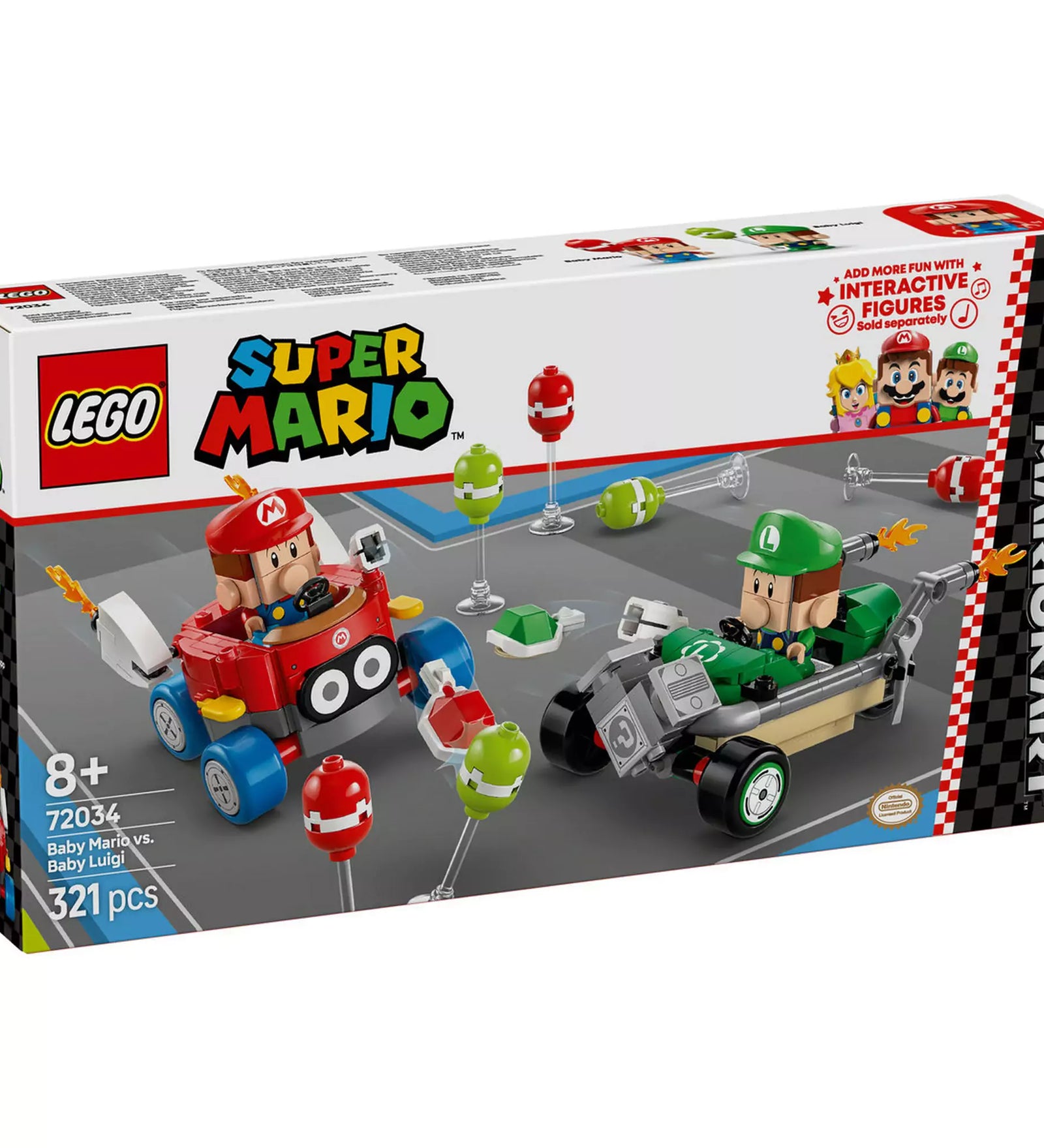A LEGO Super Mario Mario Kart, Baby Mario és Baby Luigi (72034) dobozának eleje, amely bemutatja a tartalmazott karaktereket és játékelemeket.