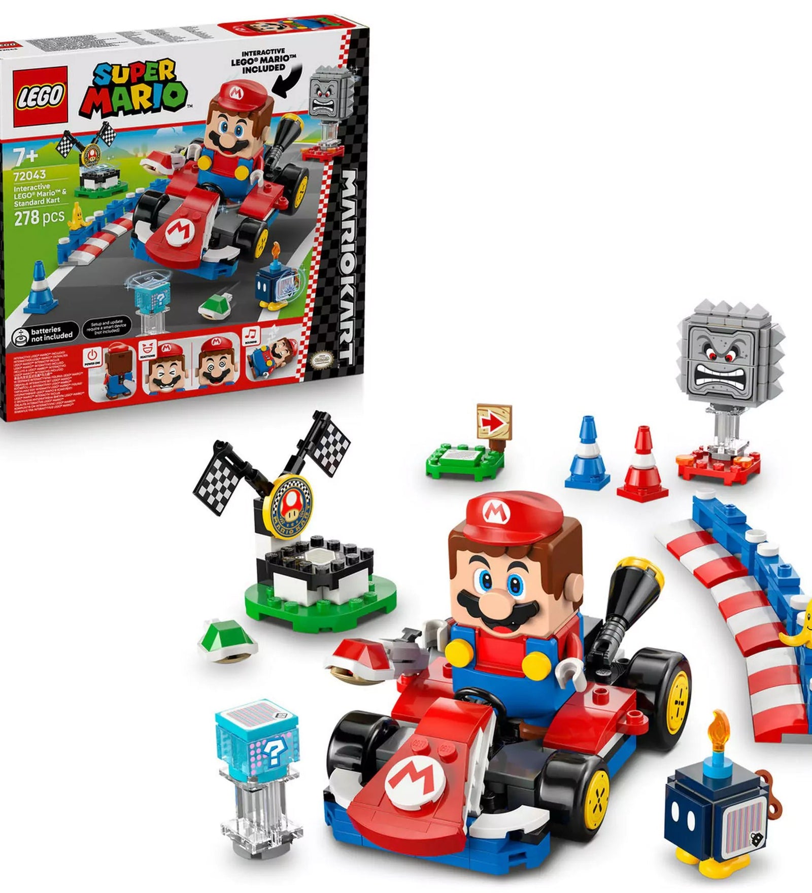 72043 LEGO Super Mario dobozzal és pályával – A LEGO Super Mario: Mario Kart készlet a dobozzal és az összes pályaelemmel bemutatva.