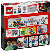 72043 LEGO Super Mario hátlap – A LEGO Super Mario: Mario Kart készlet dobozának hátoldala, bemutatva a pályaelemeket, karaktereket és játékmenetet.