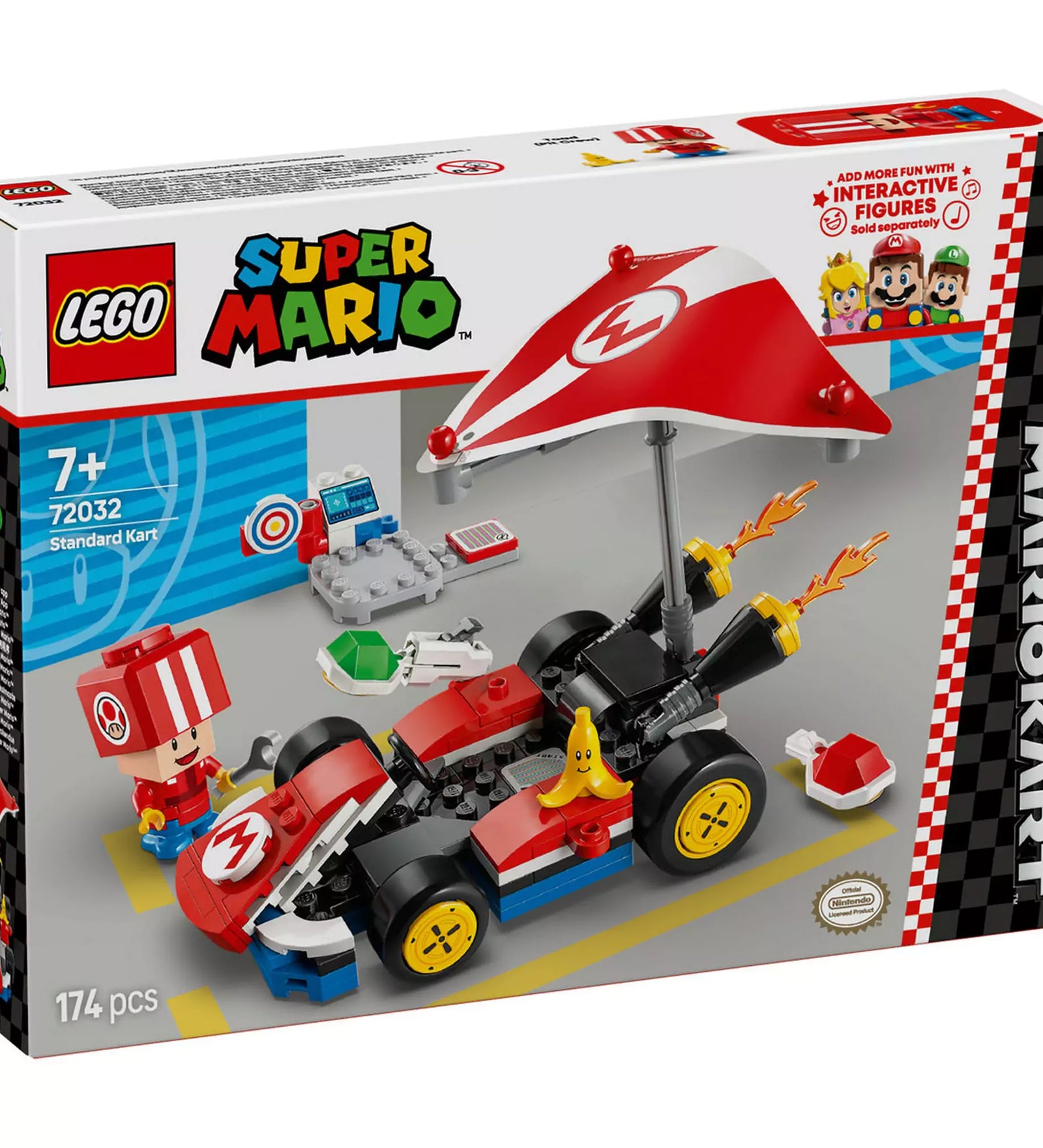 A LEGO Super Mario Mario Kart, Standard Kart 72032 doboza, kiemelve a jármű és a kiegészítők dizájnját.
